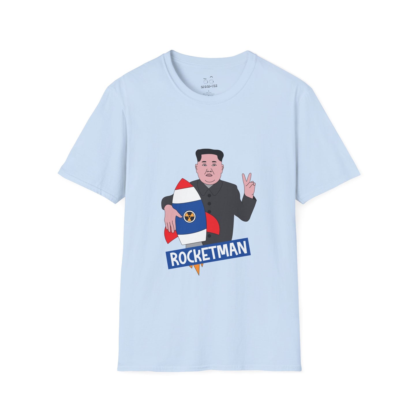 Kim Jong-Un parody shirt holding a rocket and flashing the victory sign — political satire funny t-shirt