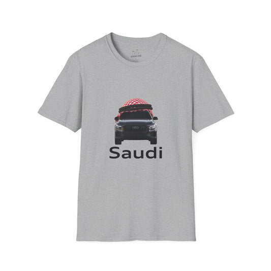 Illustration of an Audi car wearing a traditional Saudi shamagh headscarf in a bold, humorous style