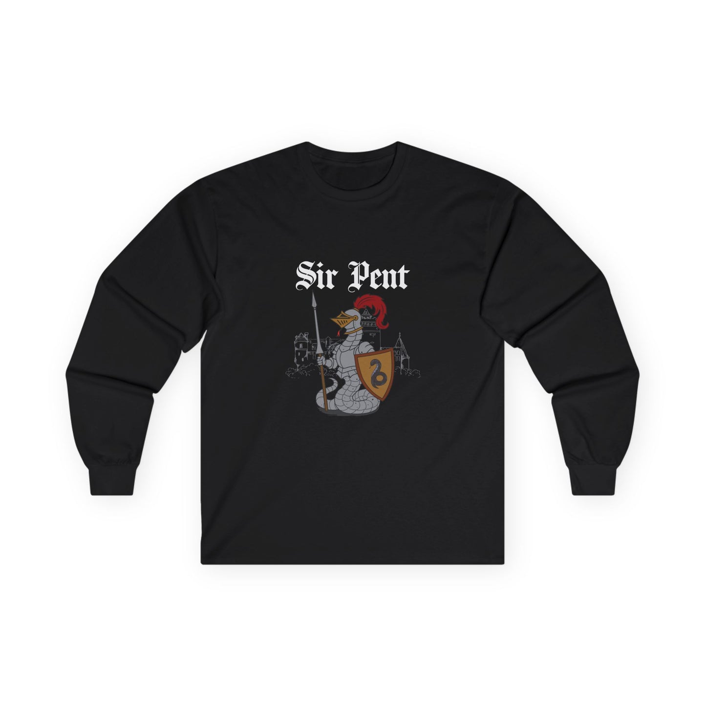 Serpent snake knight in full body armor holding a sword and shield, epic medieval reptile warrior parody design