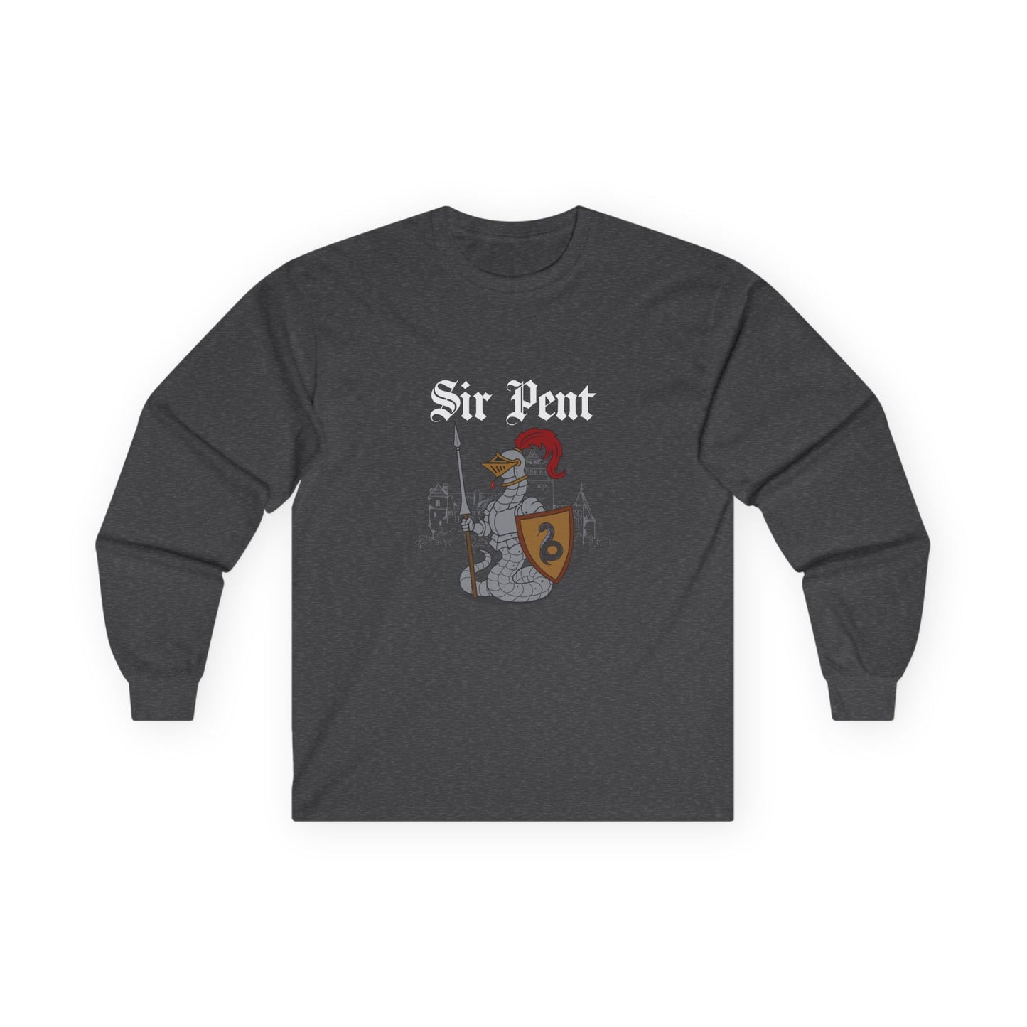 Serpent snake knight in full body armor holding a sword and shield, epic medieval reptile warrior parody design