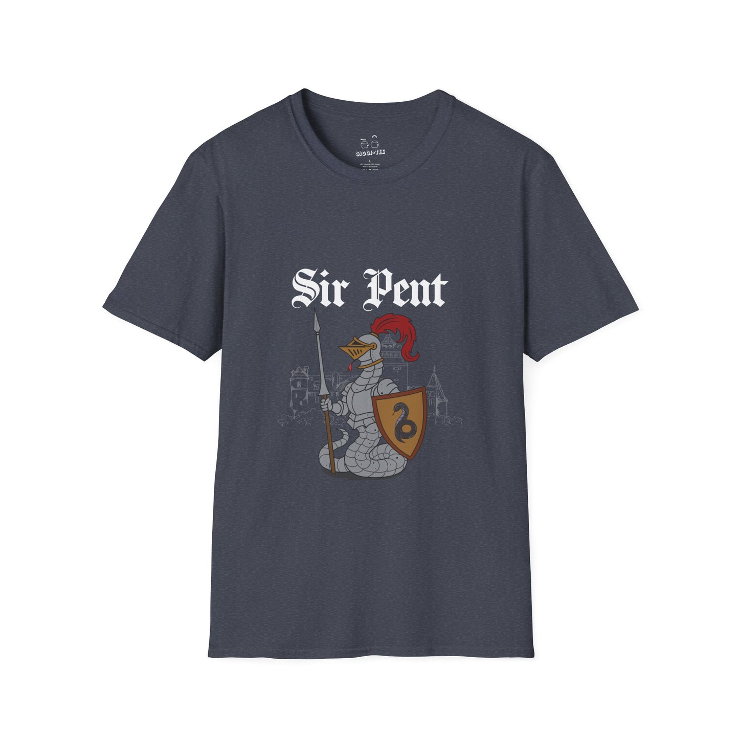 Serpent snake knight in full body armor holding a sword and shield, epic medieval reptile warrior parody design