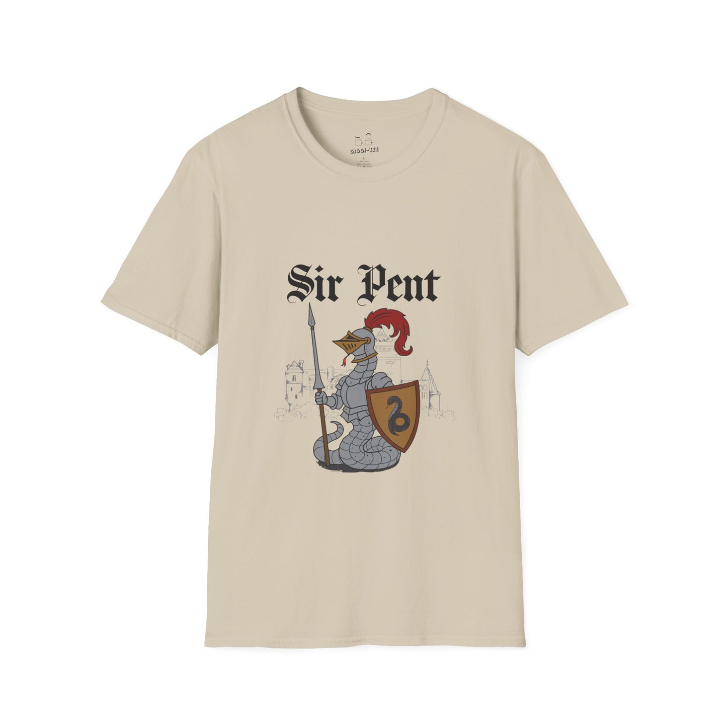 Serpent snake knight in full body armor holding a sword and shield, epic medieval reptile warrior parody design