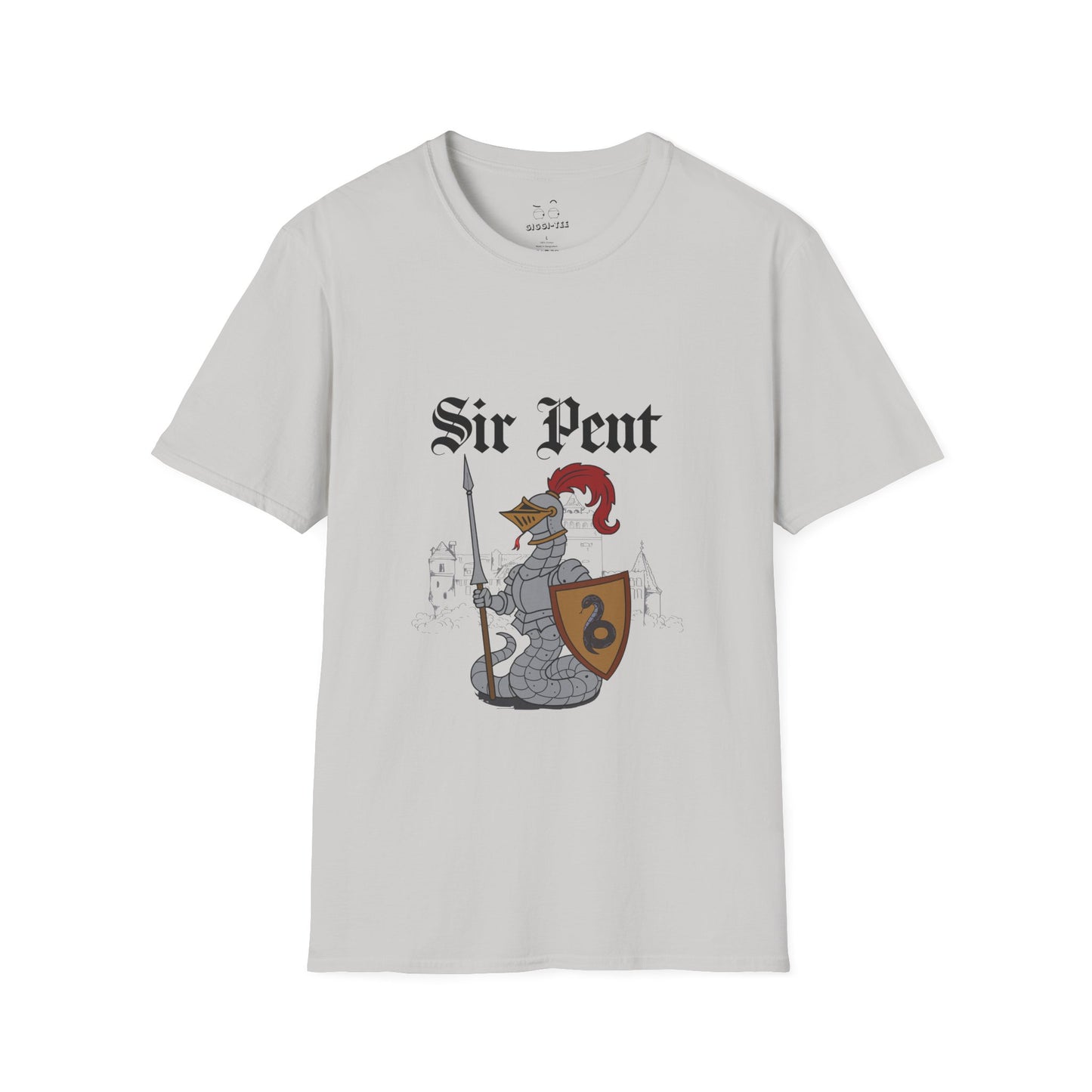 Serpent snake knight in full body armor holding a sword and shield, epic medieval reptile warrior parody design