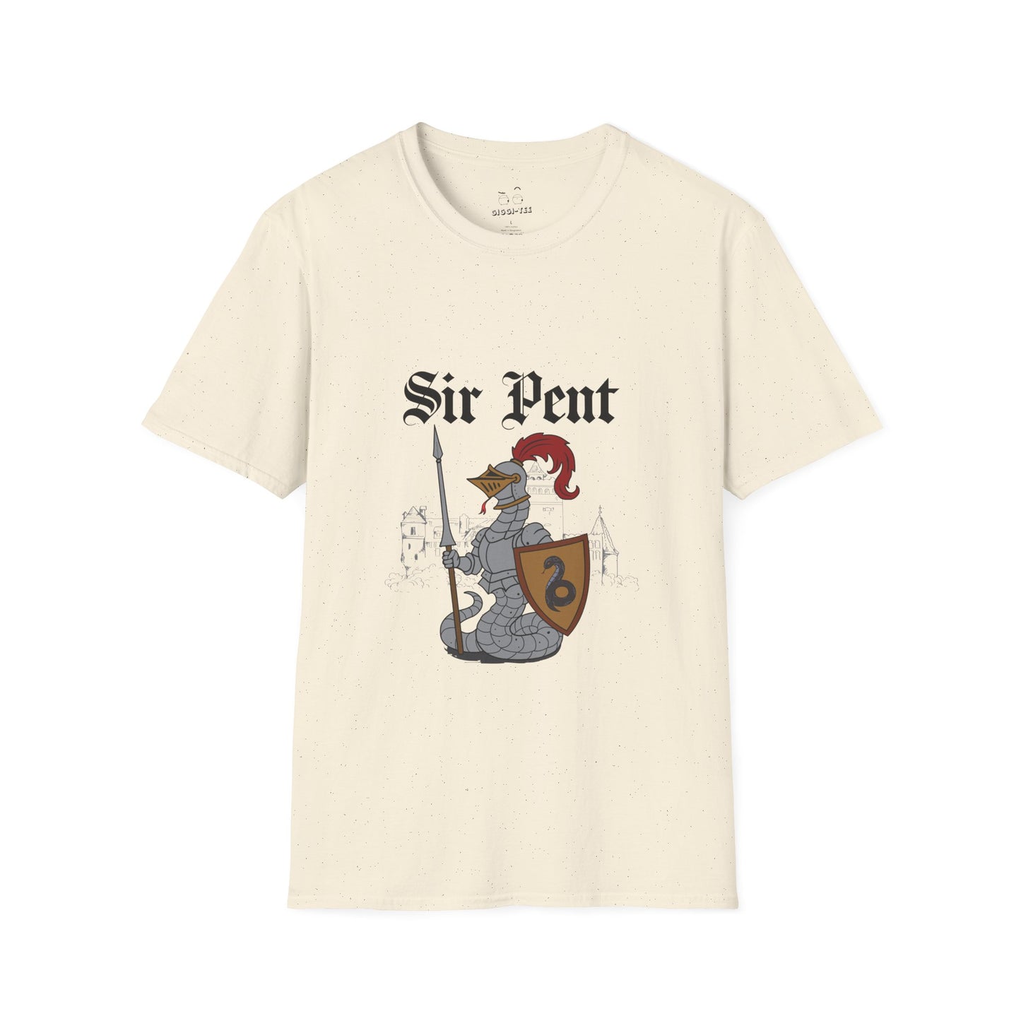 Serpent snake knight in full body armor holding a sword and shield, epic medieval reptile warrior parody design
