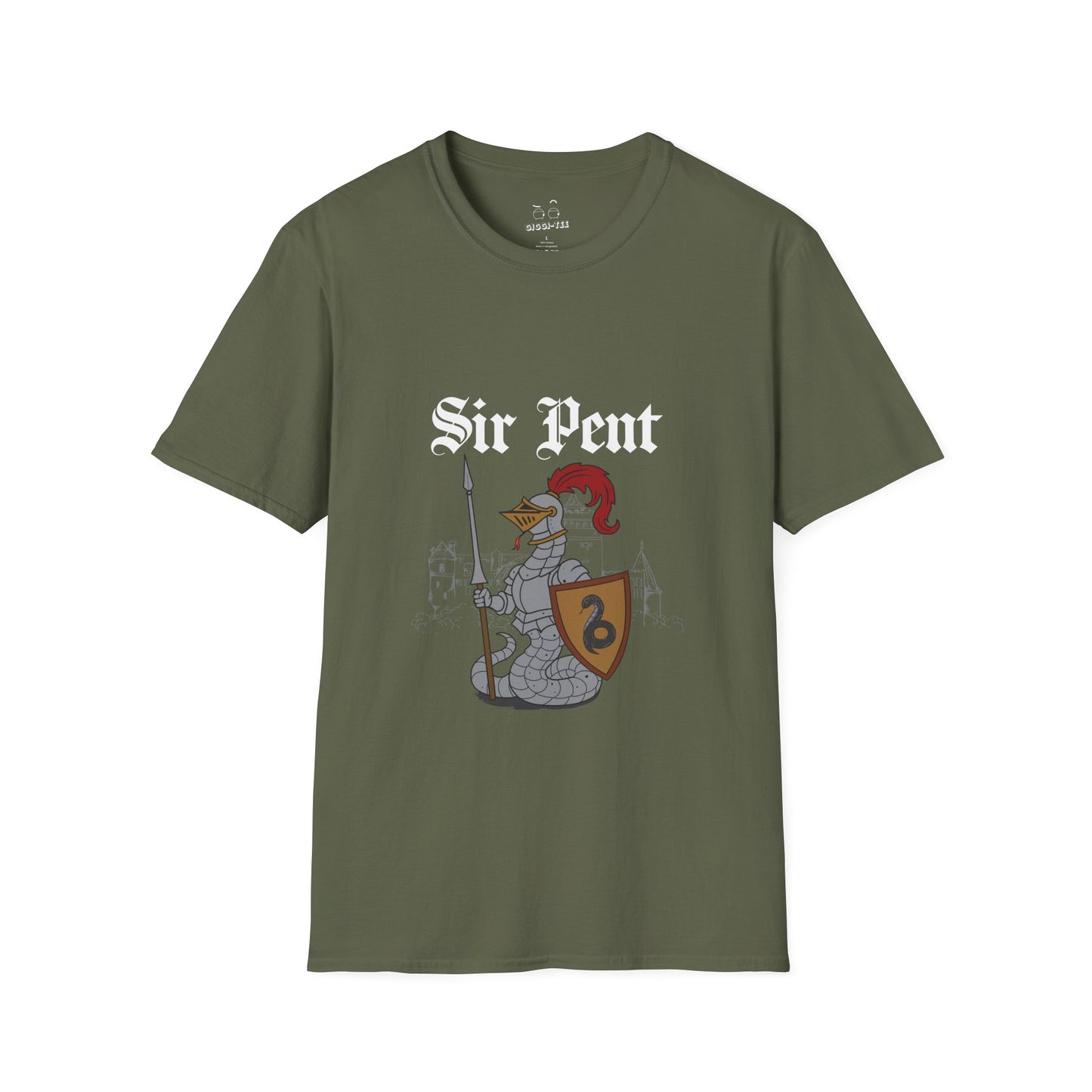 Serpent snake knight in full body armor holding a sword and shield, epic medieval reptile warrior parody design