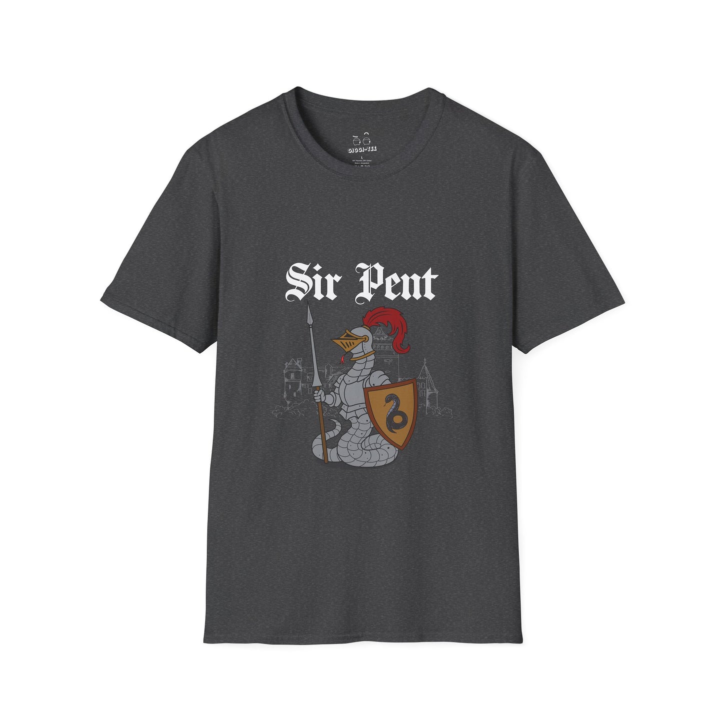 Serpent snake knight in full body armor holding a sword and shield, epic medieval reptile warrior parody design