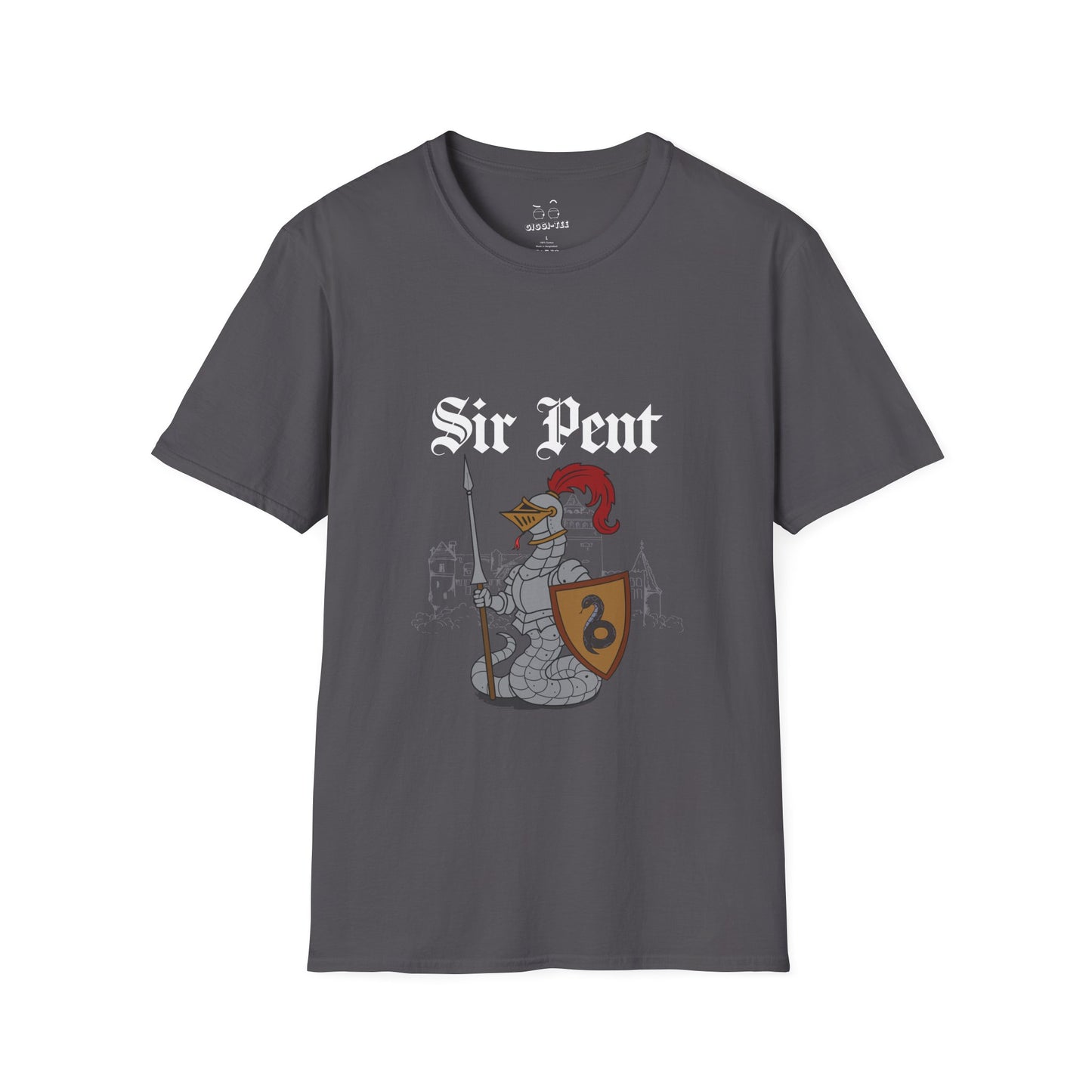 Serpent snake knight in full body armor holding a sword and shield, epic medieval reptile warrior parody design
