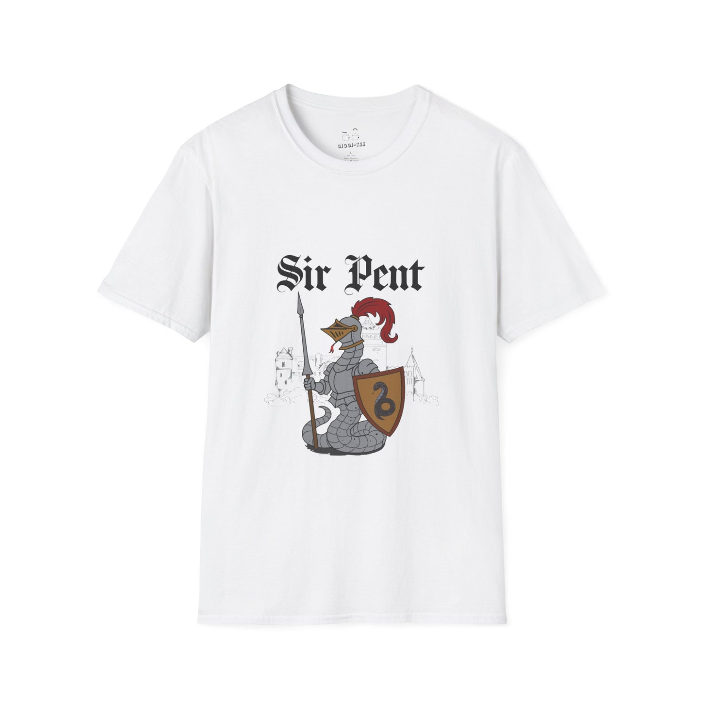 Serpent snake knight in full body armor holding a sword and shield, epic medieval reptile warrior parody design