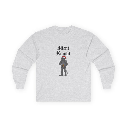 A medieval knight wearing a red Christmas hat and holding a finger to his lips in a “shh” gesture, parody of “Silent Night” titled “Silent Knight.”