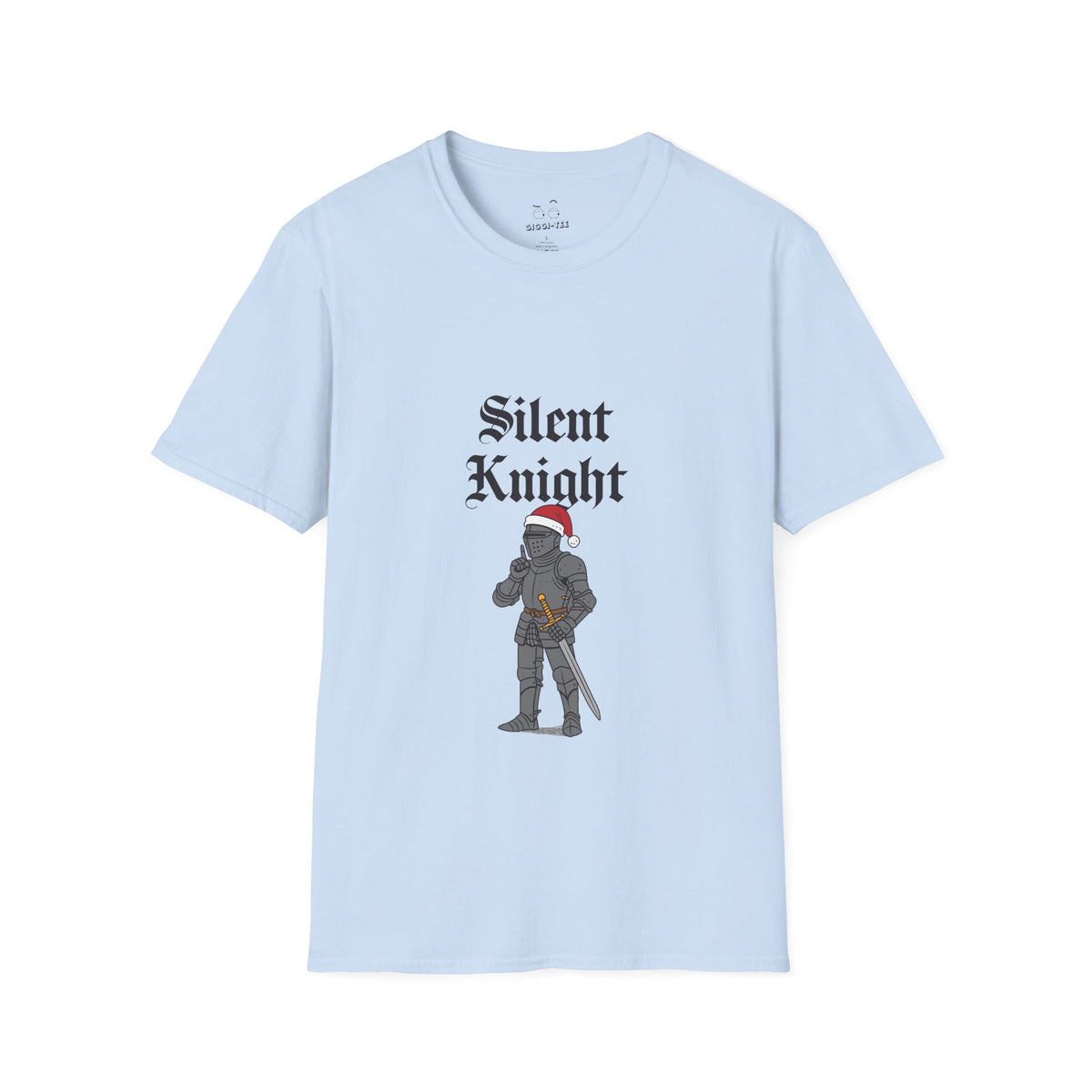 A funny medieval shirt design with a knight wearing a red Christmas hat and holding a finger to his lips in a “shh” gesture, parody of “Silent Night” titled “Silent Knight.”