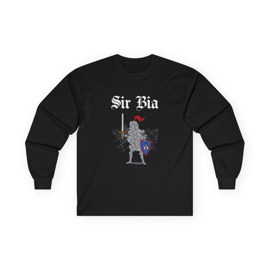 Funny medieval long sleeve shirt design illustration of Serbia shaped as a knight in shining armor "Sir Bia" holding a sword and shield.