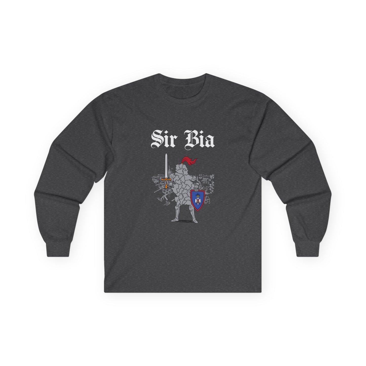 Funny medieval long sleeve shirt design illustration of Serbia shaped as a knight in shining armor "Sir Bia" holding a sword and shield.