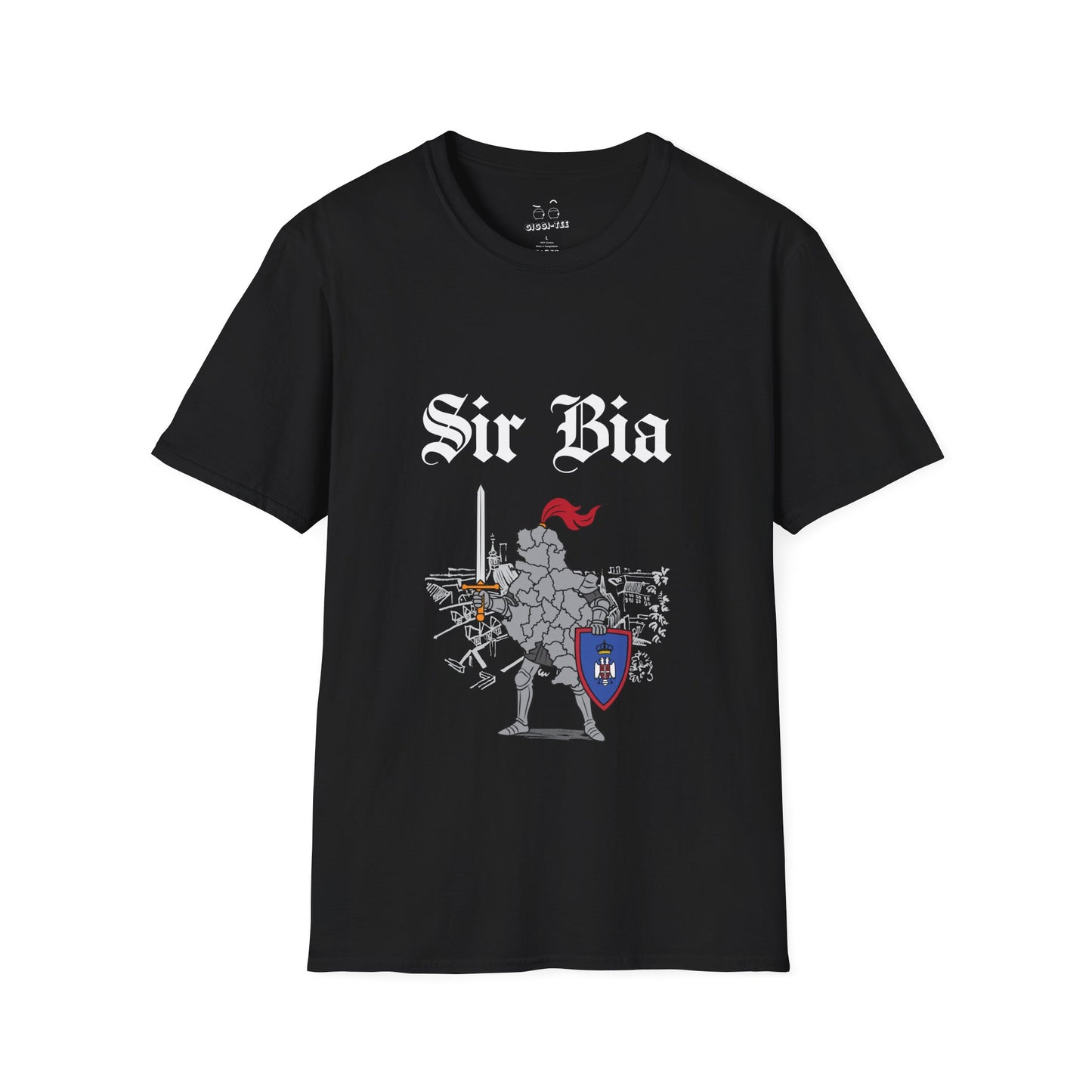Illustration of Serbia shaped as a knight in shining armor holding a sword and shield.