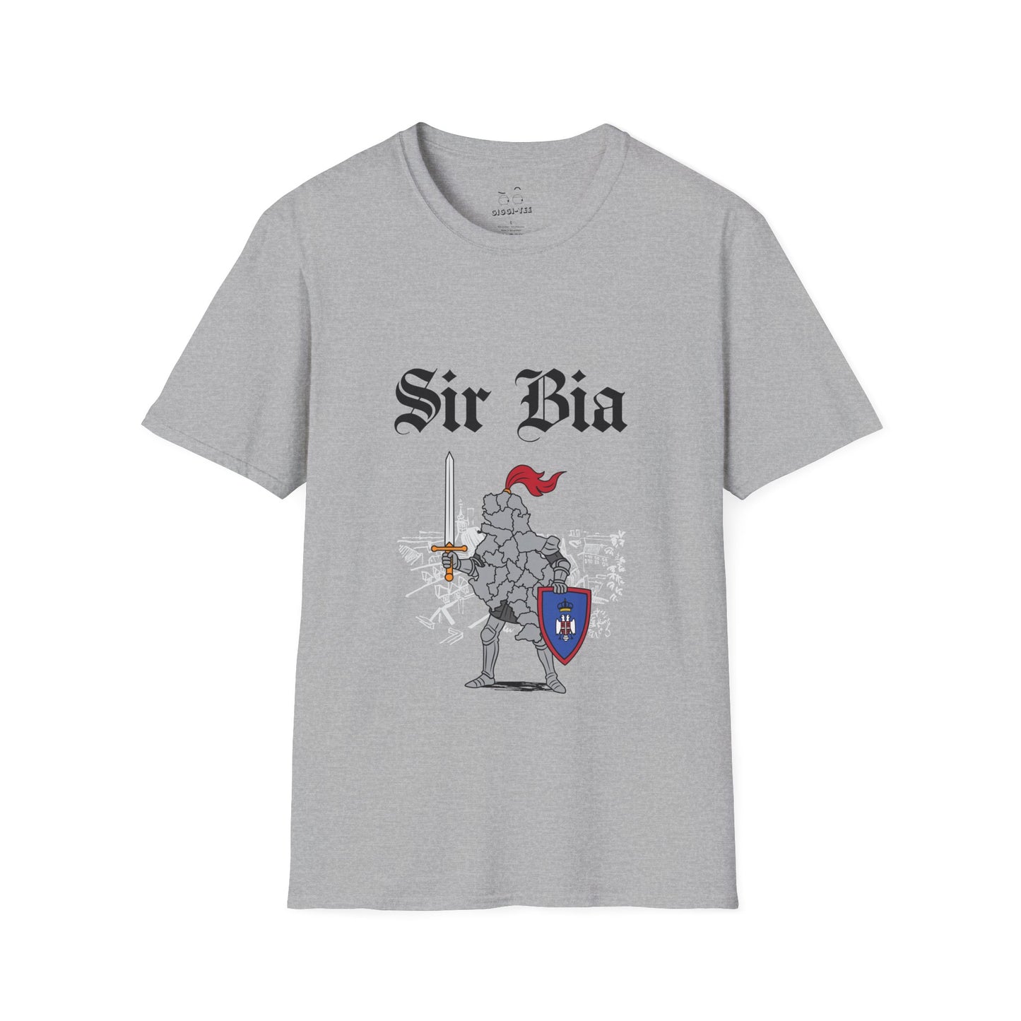 Illustration of Serbia shaped as a knight in shining armor holding a sword and shield.