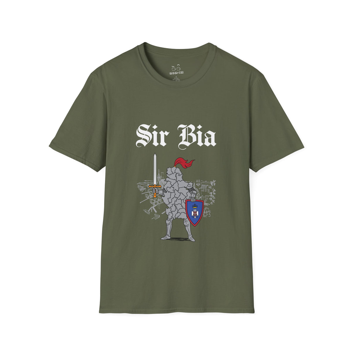 Funny medieval shirt design illustration of Serbia shaped as a knight in shining armor "Sir Bia" holding a sword and shield.