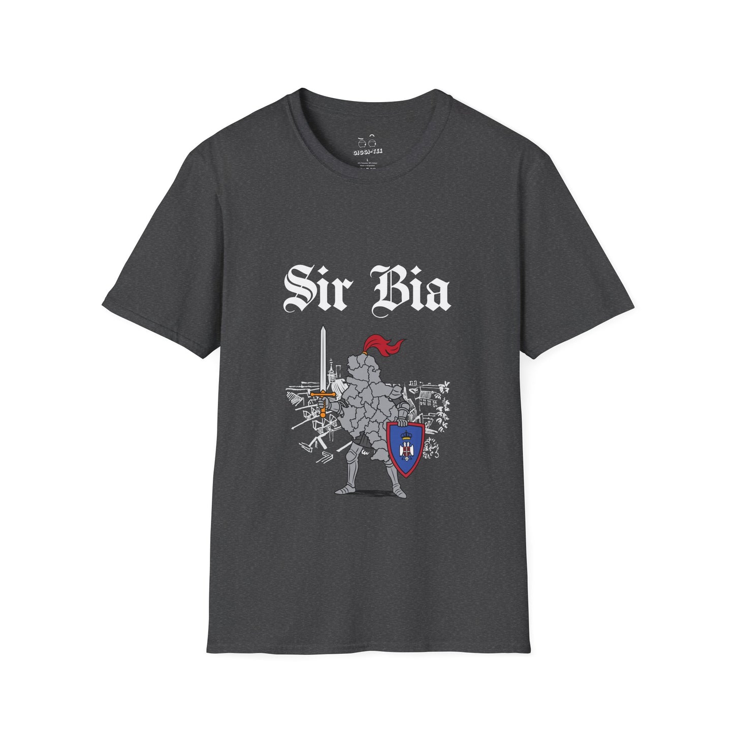 Illustration of Serbia shaped as a knight in shining armor holding a sword and shield.