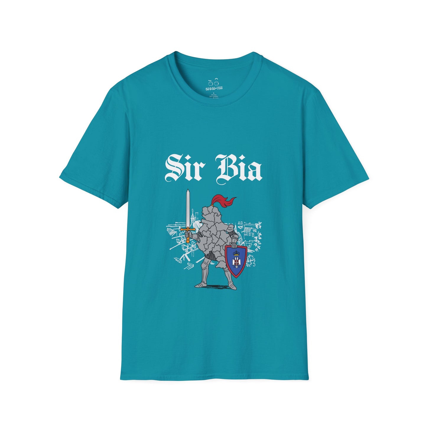 Illustration of Serbia shaped as a knight in shining armor holding a sword and shield.