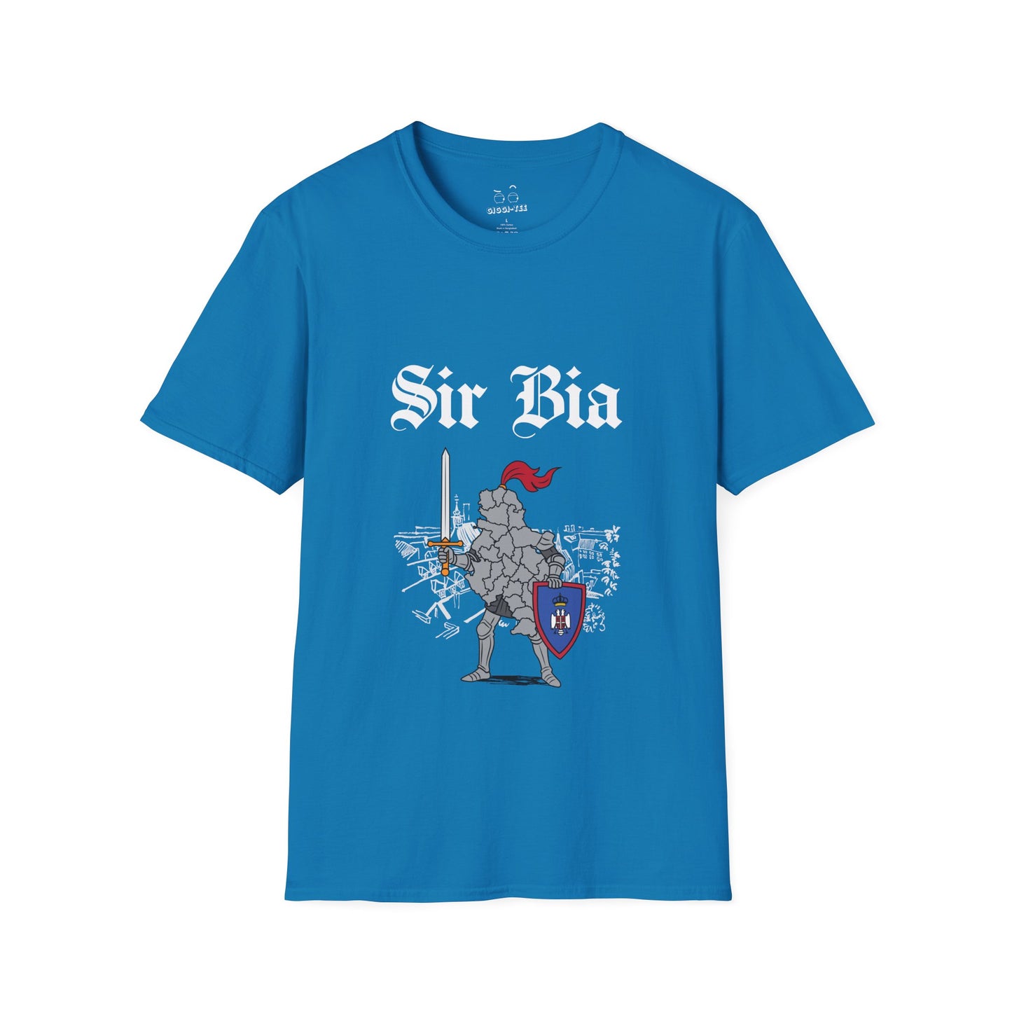 Illustration of Serbia shaped as a knight in shining armor holding a sword and shield.