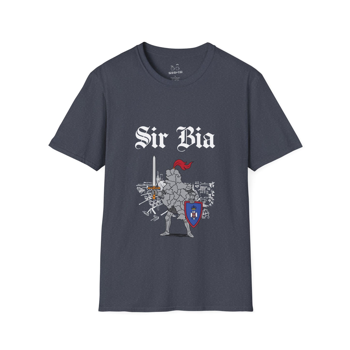 Illustration of Serbia shaped as a knight in shining armor holding a sword and shield.