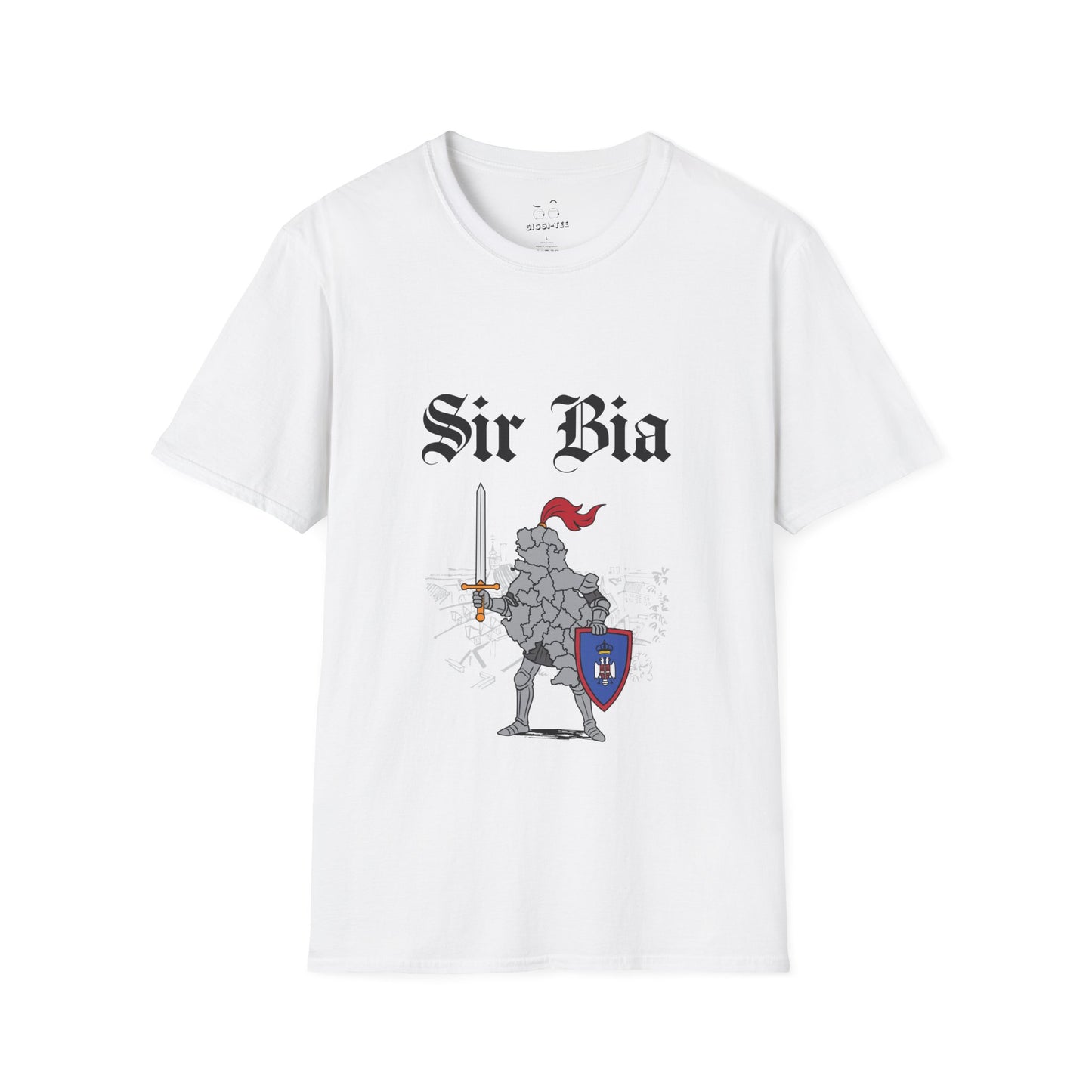 Illustration of Serbia shaped as a knight in shining armor holding a sword and shield.