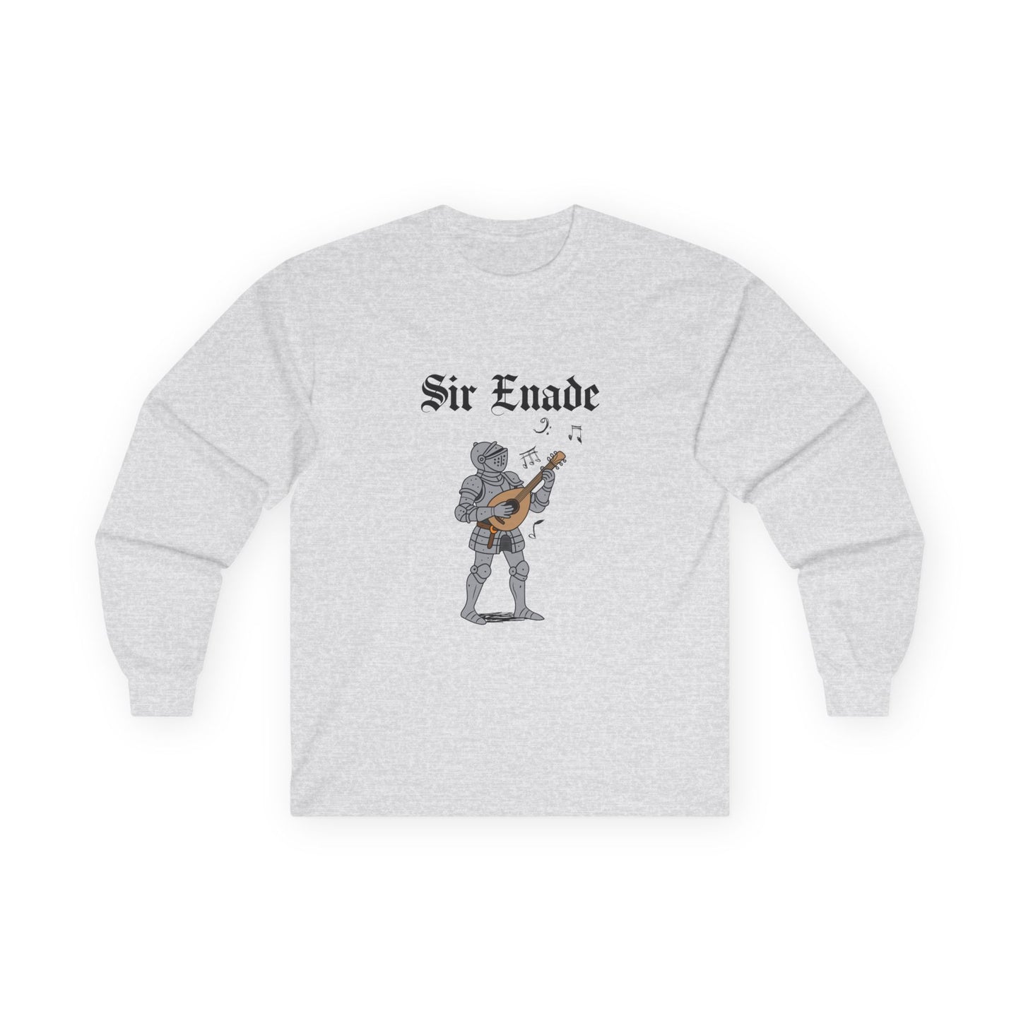 Illustration of a knight in armor holding a lute or guitar instead of a weapon.