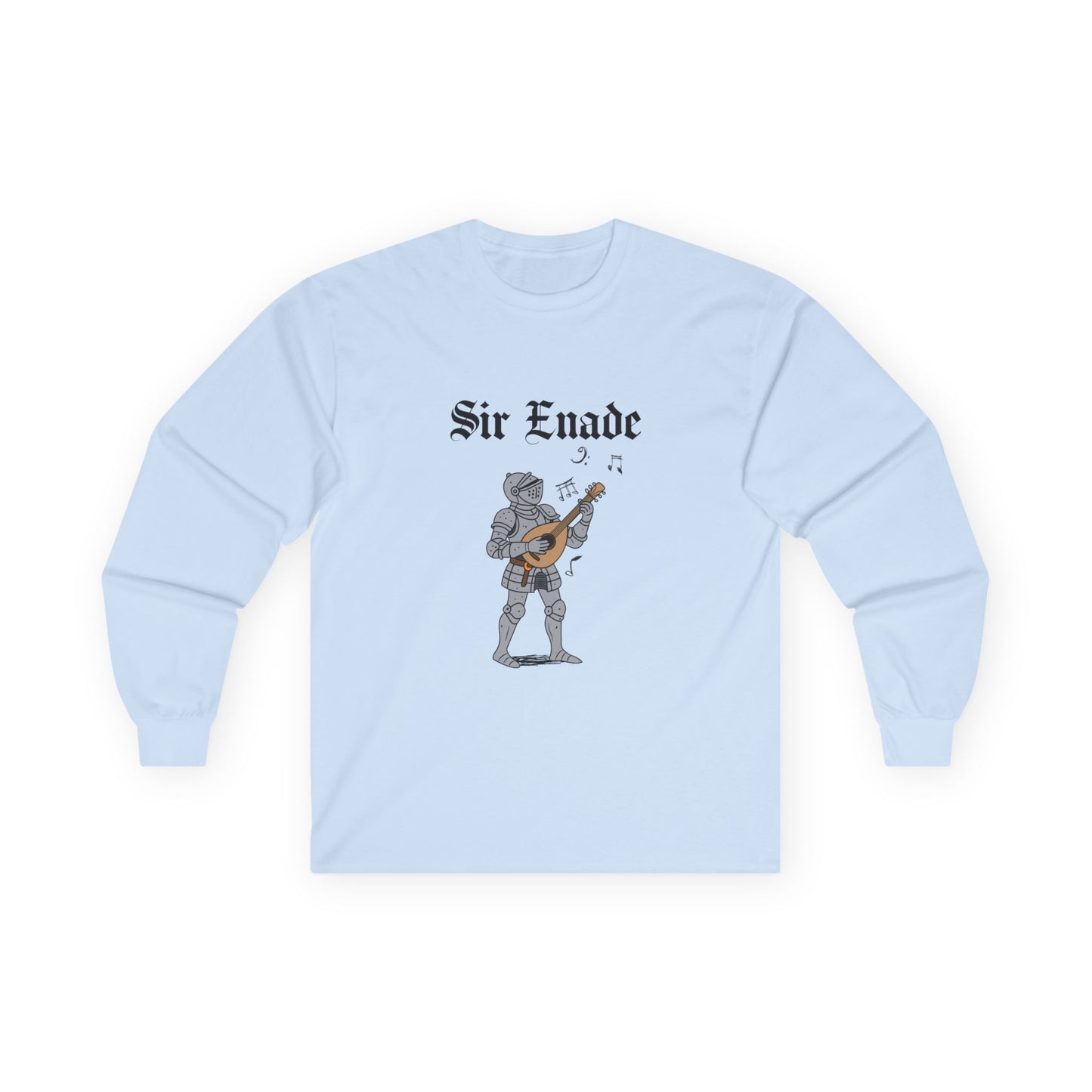 Illustration of a knight in armor holding a lute or guitar instead of a weapon.