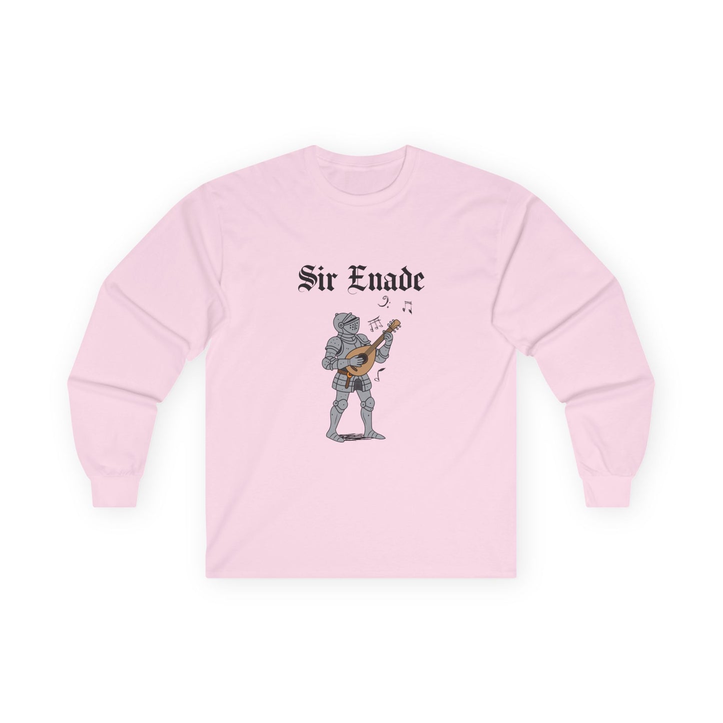 Illustration of a knight in armor holding a lute or guitar instead of a weapon.