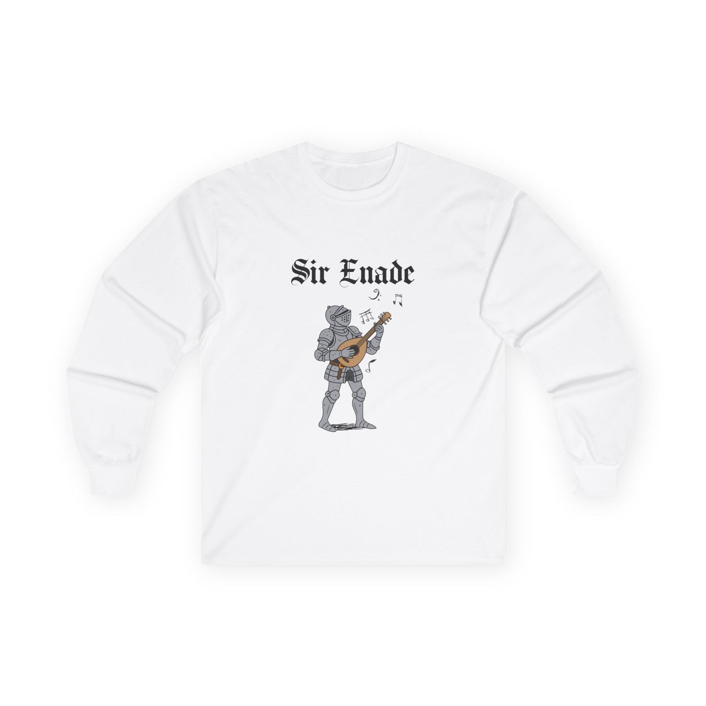 Illustration of a knight in armor holding a lute or guitar instead of a weapon.