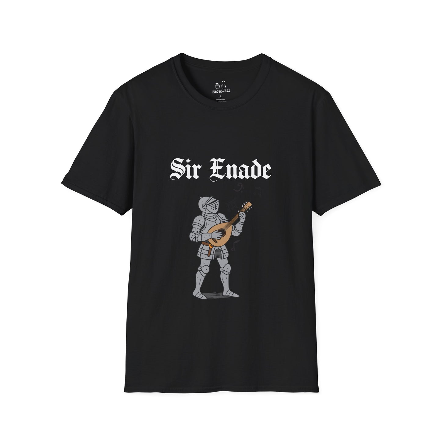 Illustration of a knight in armor holding a lute or guitar instead of a weapon.