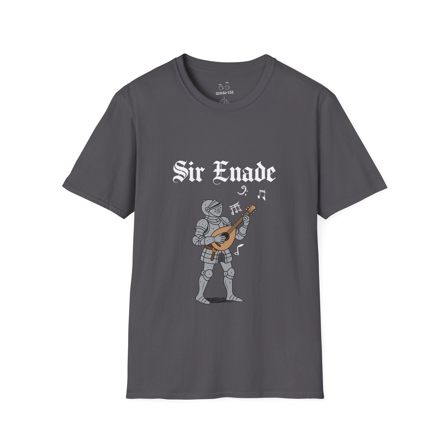 Illustration of a knight in armor holding a lute or guitar instead of a weapon.