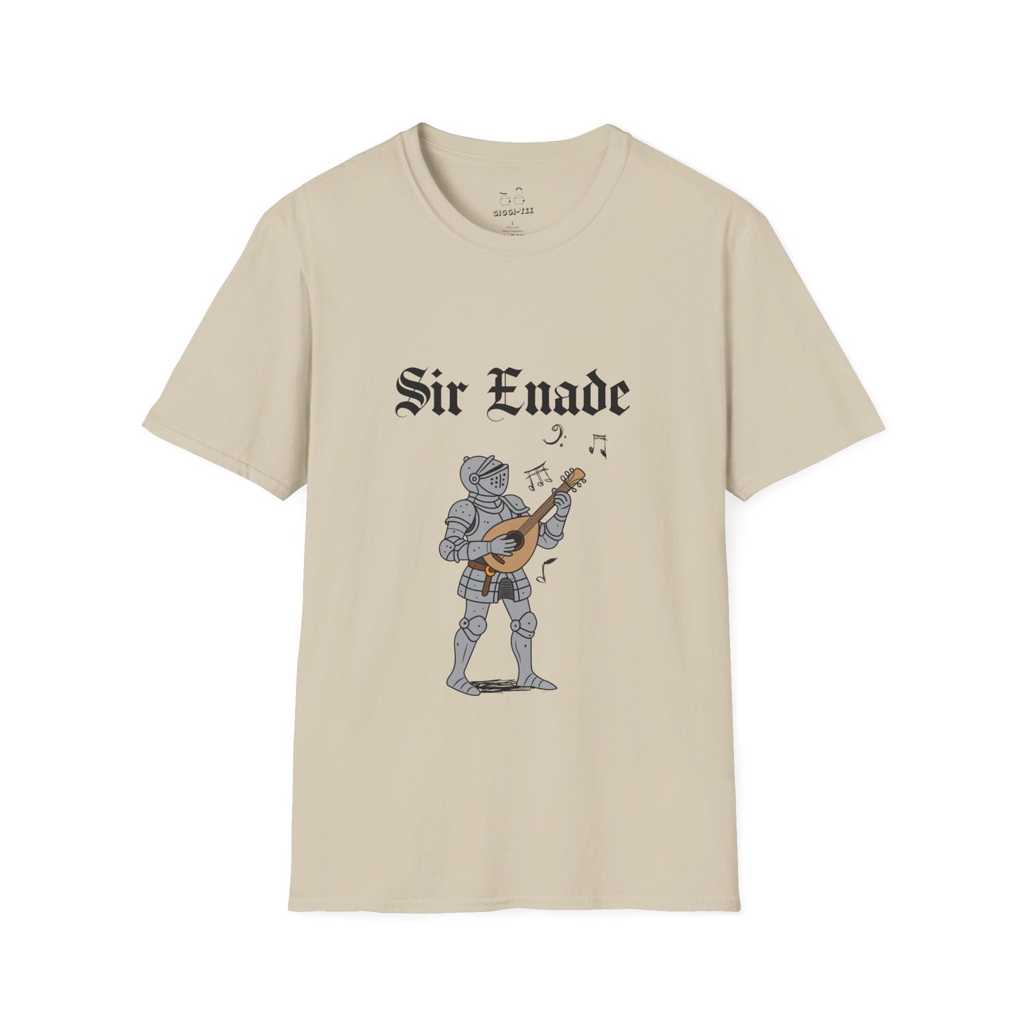 Illustration of a knight in armor holding a lute or guitar instead of a weapon.