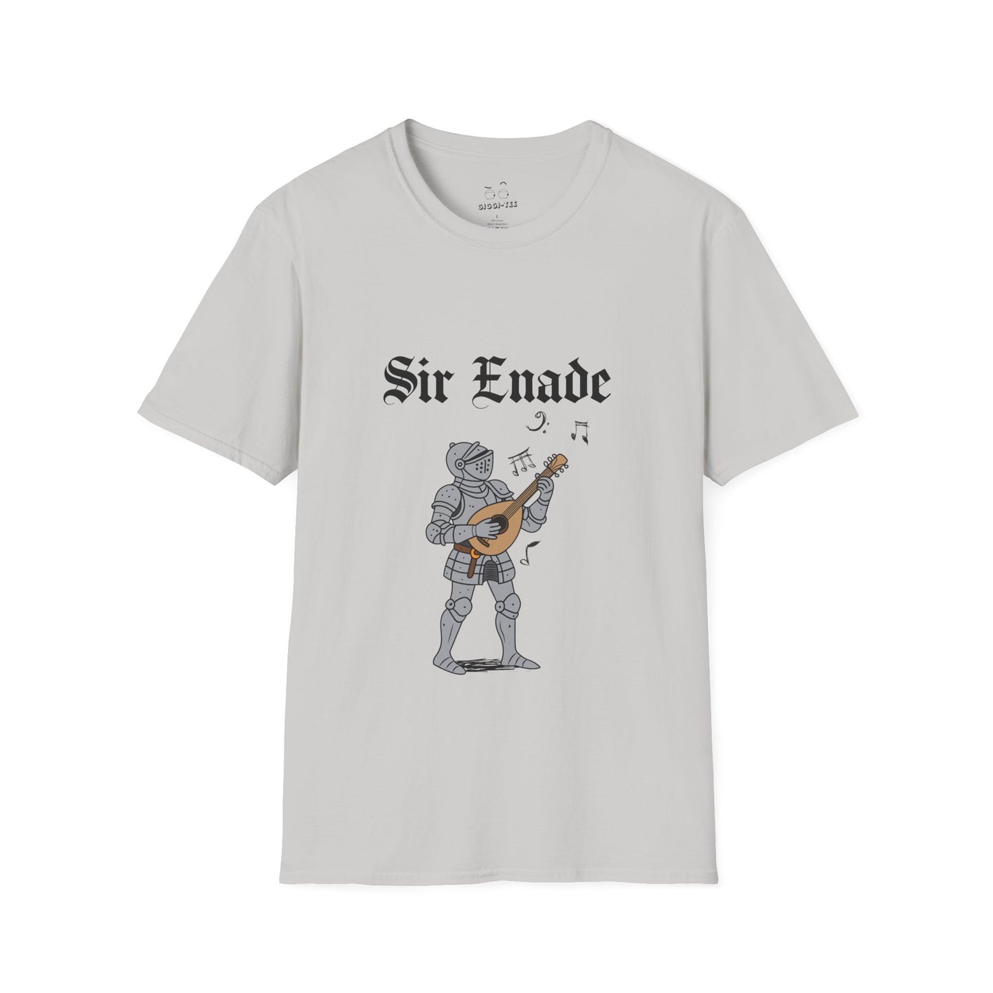 Illustration of a knight in armor holding a lute or guitar instead of a weapon.
