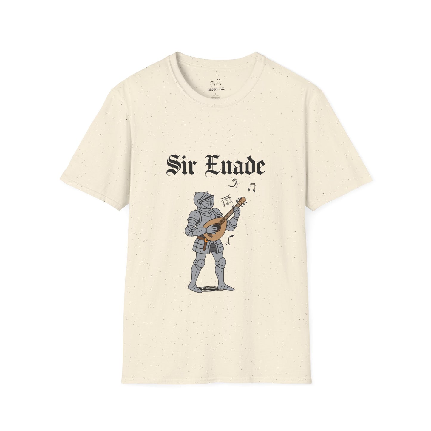 Illustration of a knight in armor holding a lute or guitar instead of a weapon.