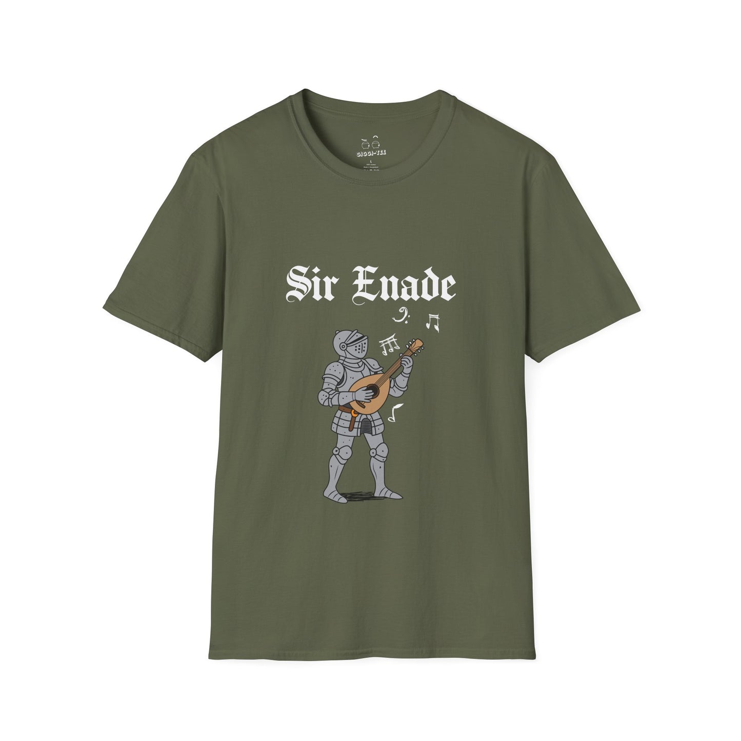 Illustration of a knight in armor holding a lute or guitar instead of a weapon.