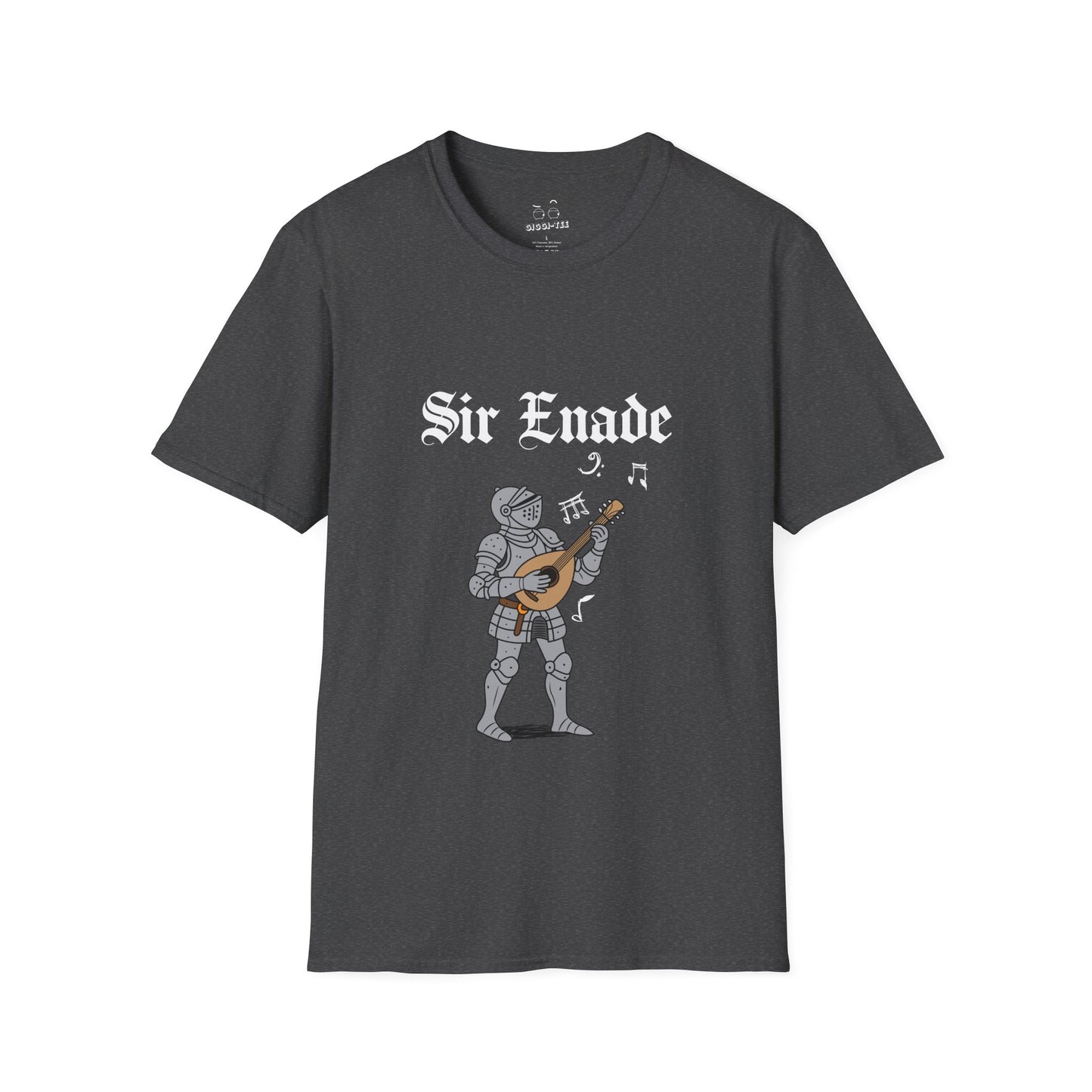 Illustration of a knight in armor holding a lute or guitar instead of a weapon.