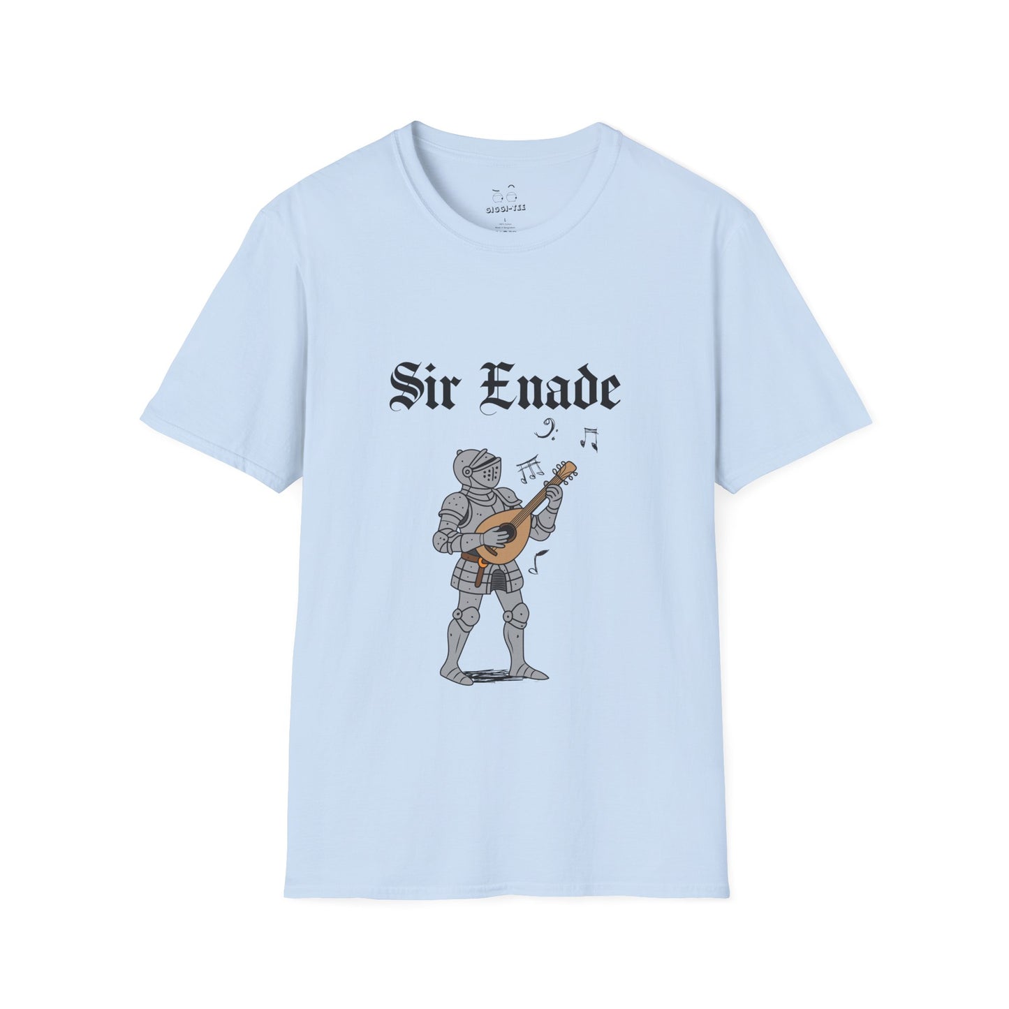 Illustration of a knight in armor holding a lute or guitar instead of a weapon.