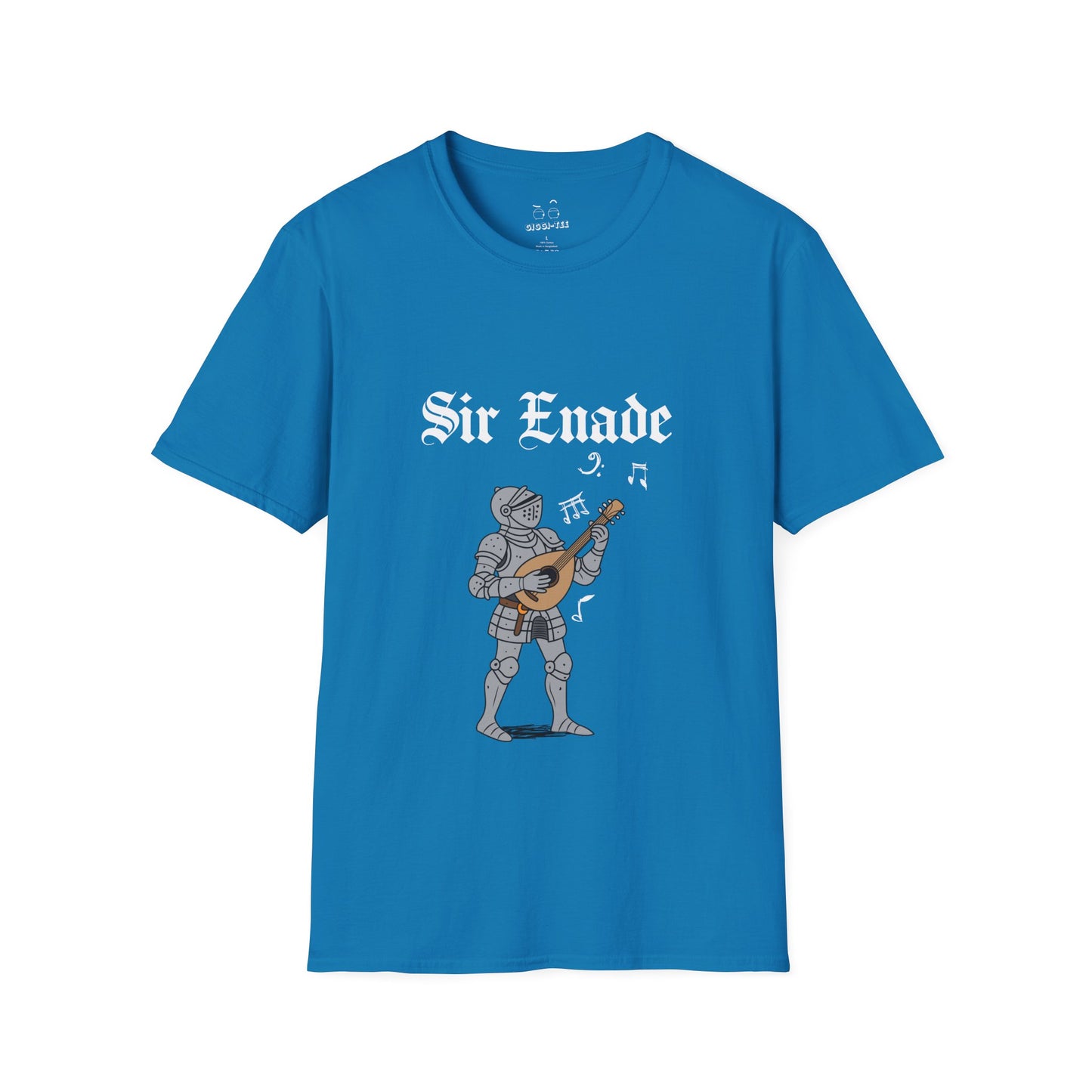Illustration of a knight in armor holding a lute or guitar instead of a weapon.