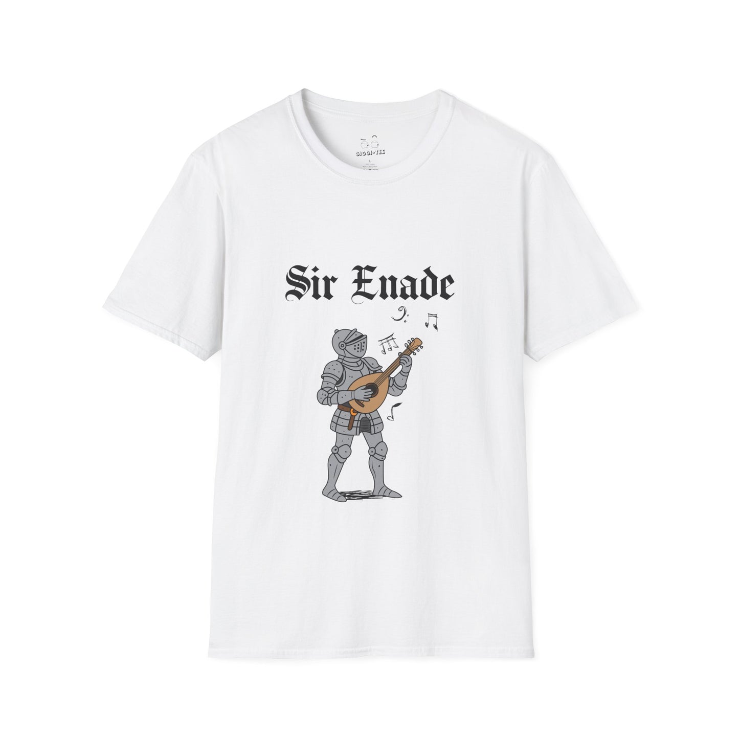 Illustration of a knight in armor holding a lute or guitar instead of a weapon.