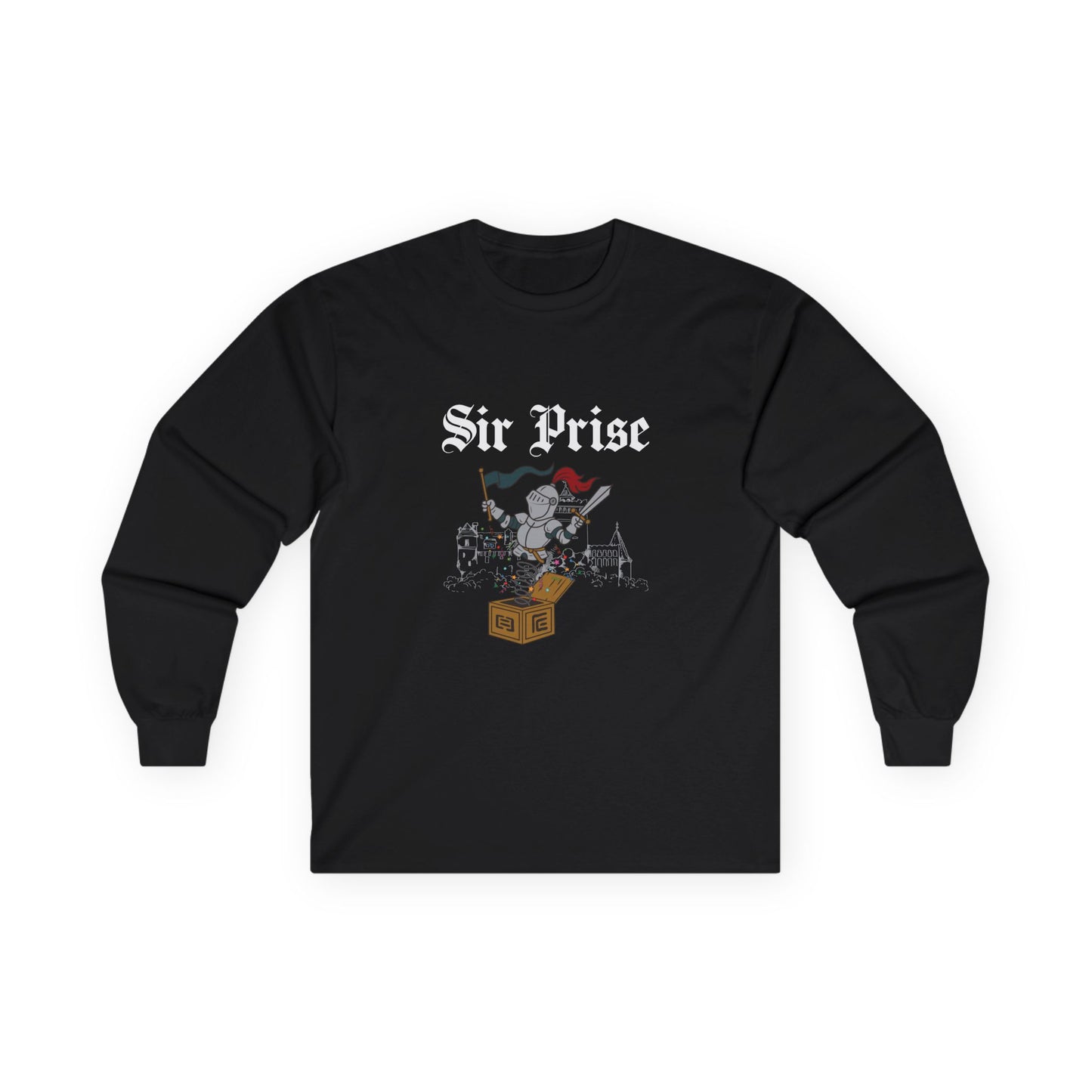 Sir Prise knight popping out of a jack-in-the-box with confetti, playful medieval surprise parody design
