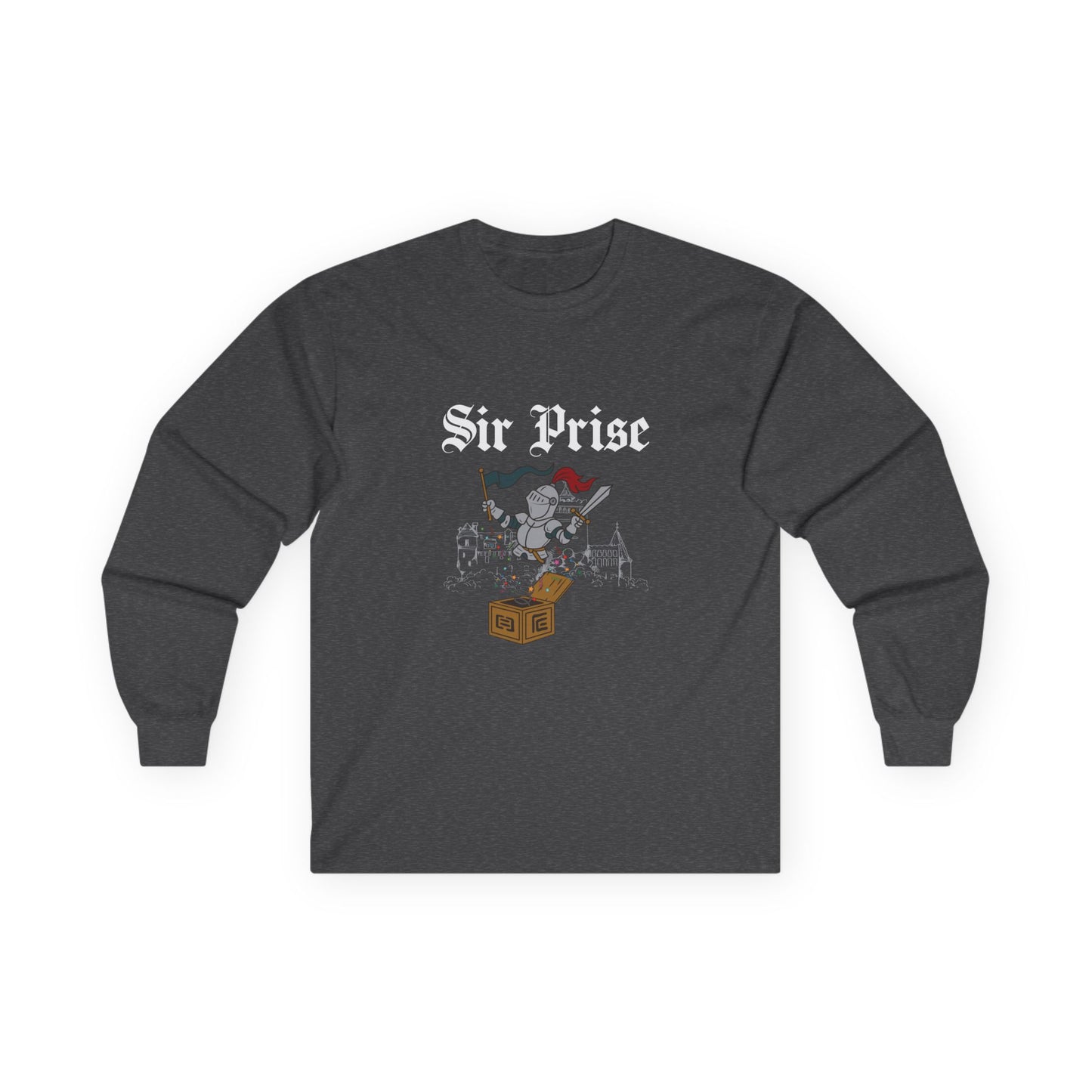 Sir Prise knight popping out of a jack-in-the-box with confetti, playful medieval surprise parody design