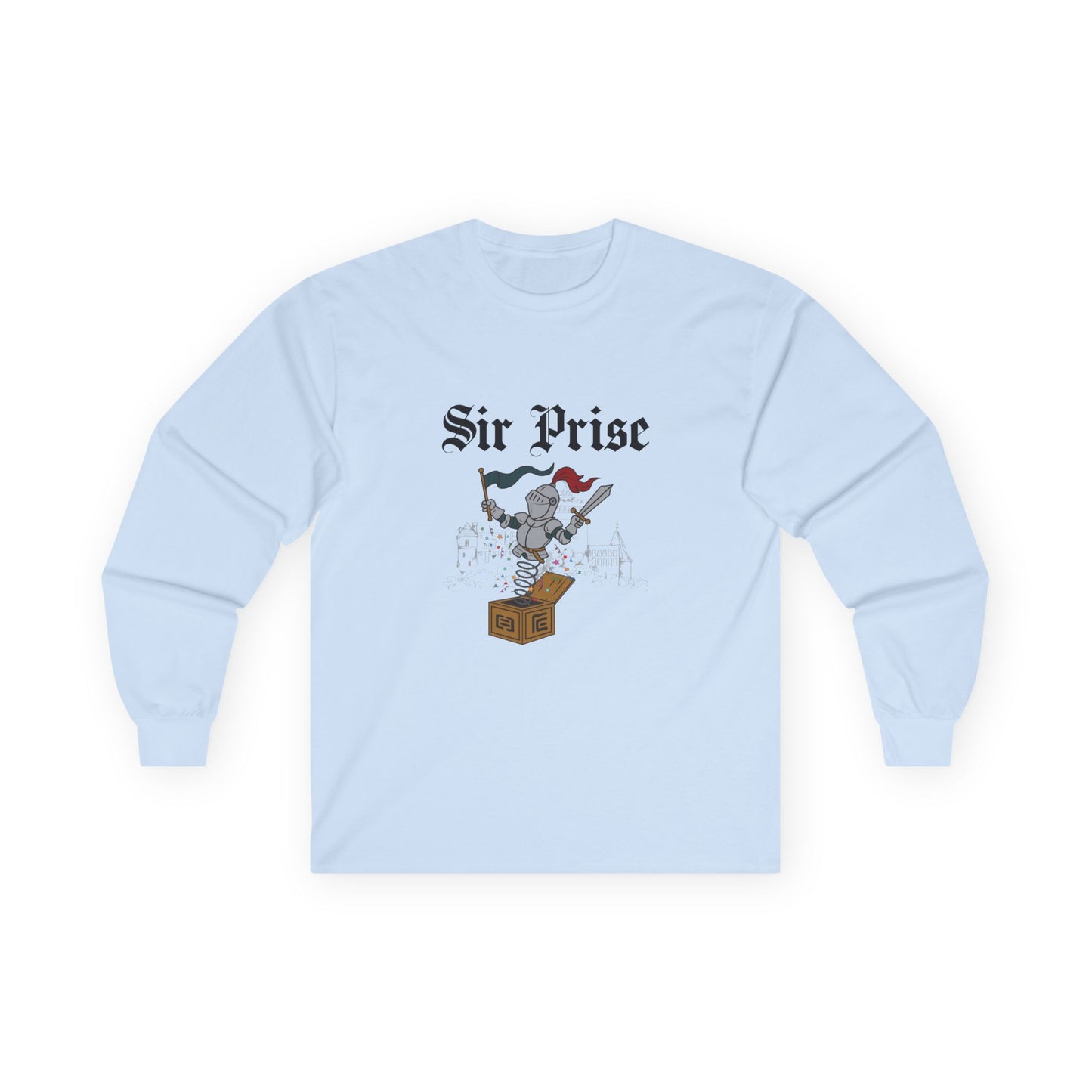 Sir Prise knight popping out of a jack-in-the-box with confetti, playful medieval surprise parody design