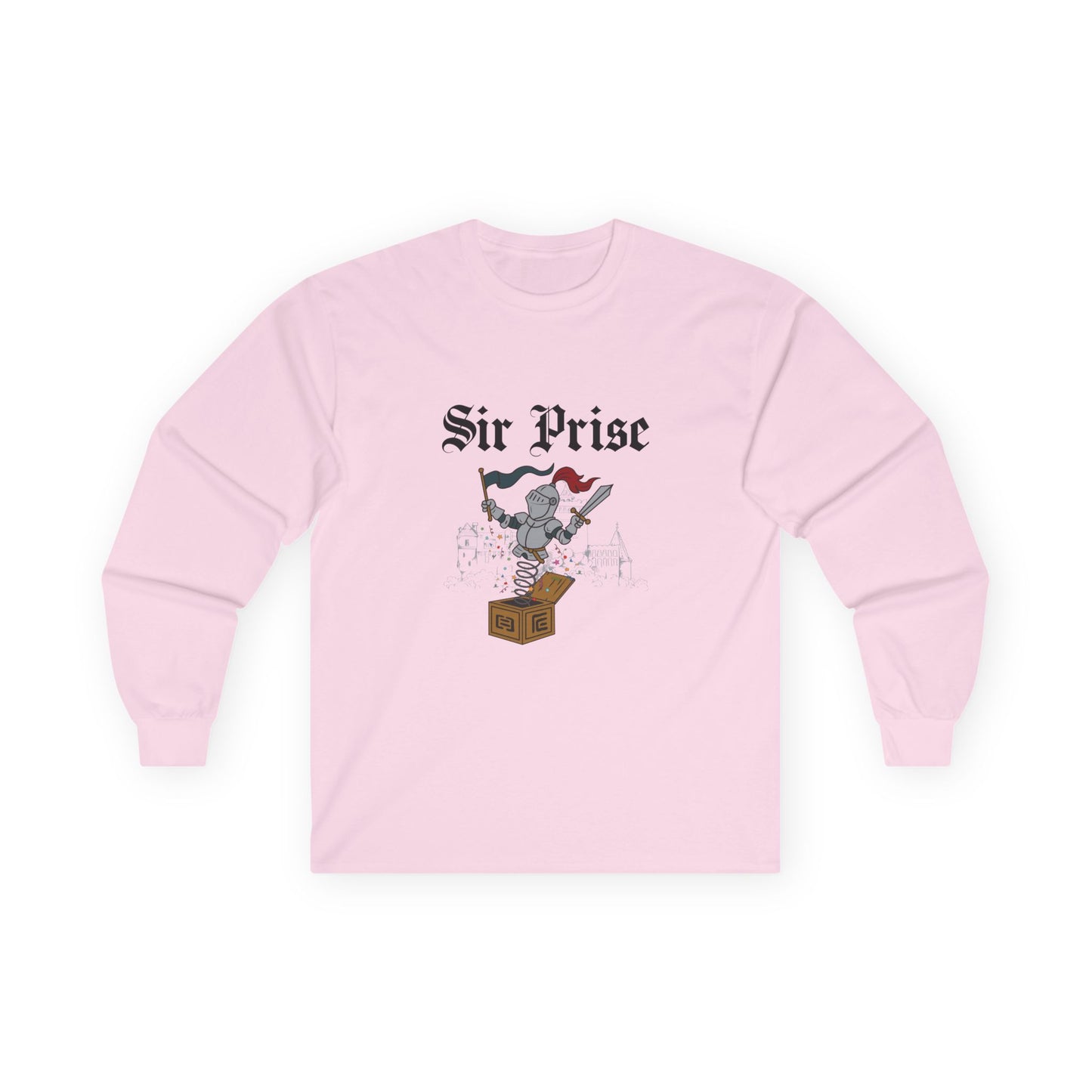Sir Prise knight popping out of a jack-in-the-box with confetti, playful medieval surprise parody design