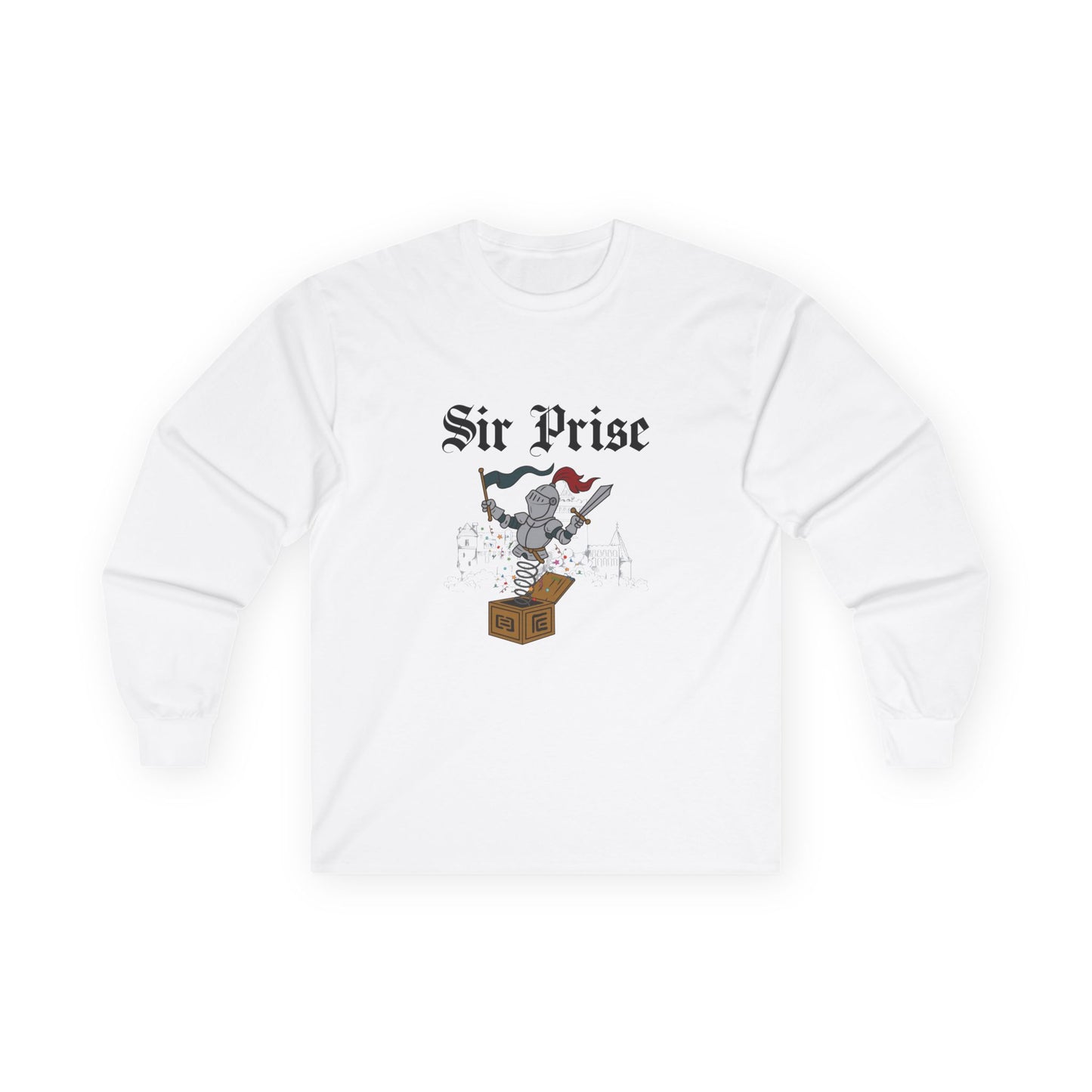 Sir Prise knight popping out of a jack-in-the-box with confetti, playful medieval surprise parody design