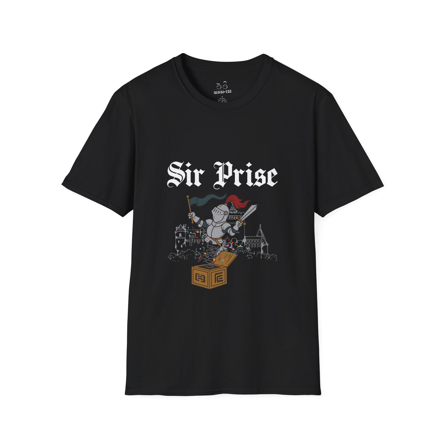 Sir Prise knight popping out of a jack-in-the-box with confetti, playful medieval surprise parody design