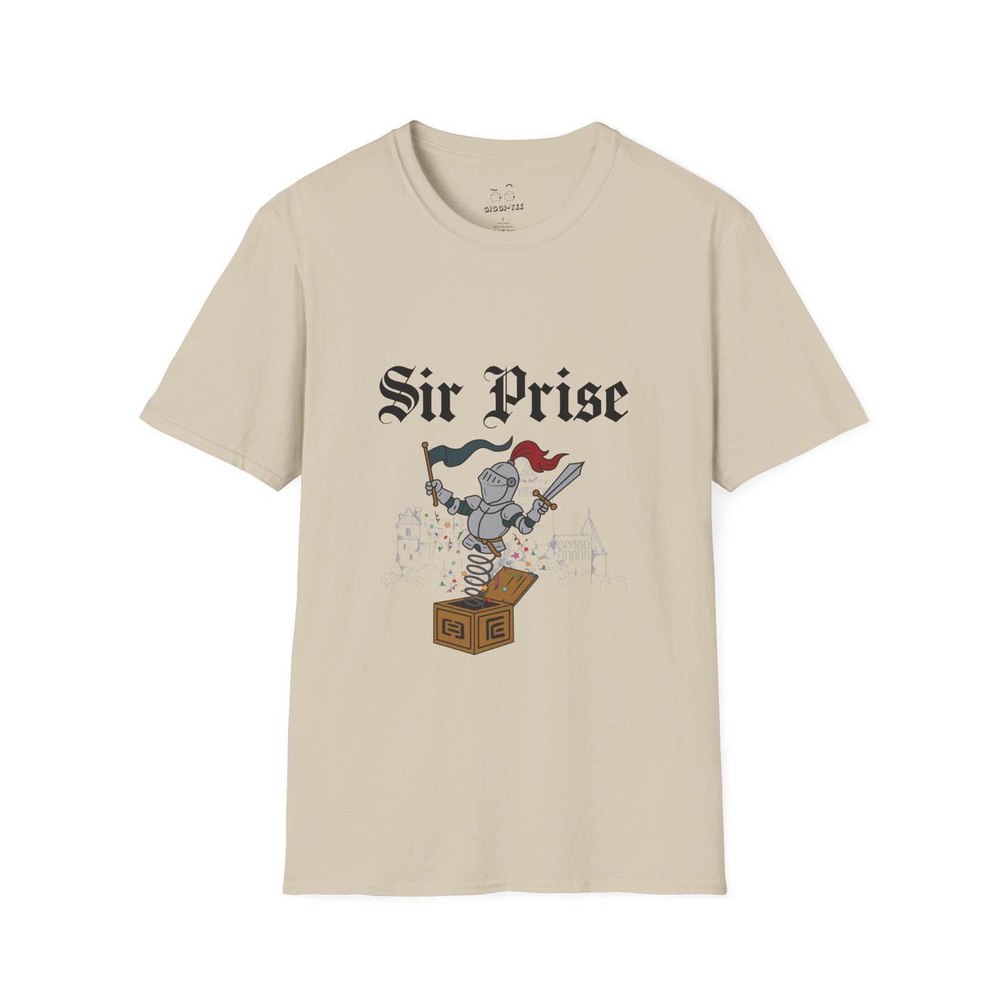 Sir Prise knight popping out of a jack-in-the-box with confetti, playful medieval surprise parody design