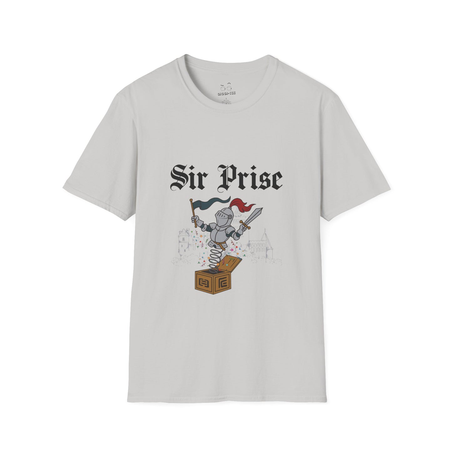 Sir Prise knight popping out of a jack-in-the-box with confetti, playful medieval surprise parody design