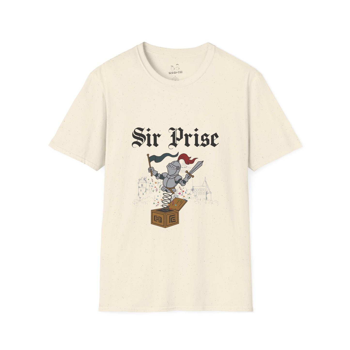 Sir Prise knight popping out of a jack-in-the-box with confetti, playful medieval surprise parody design