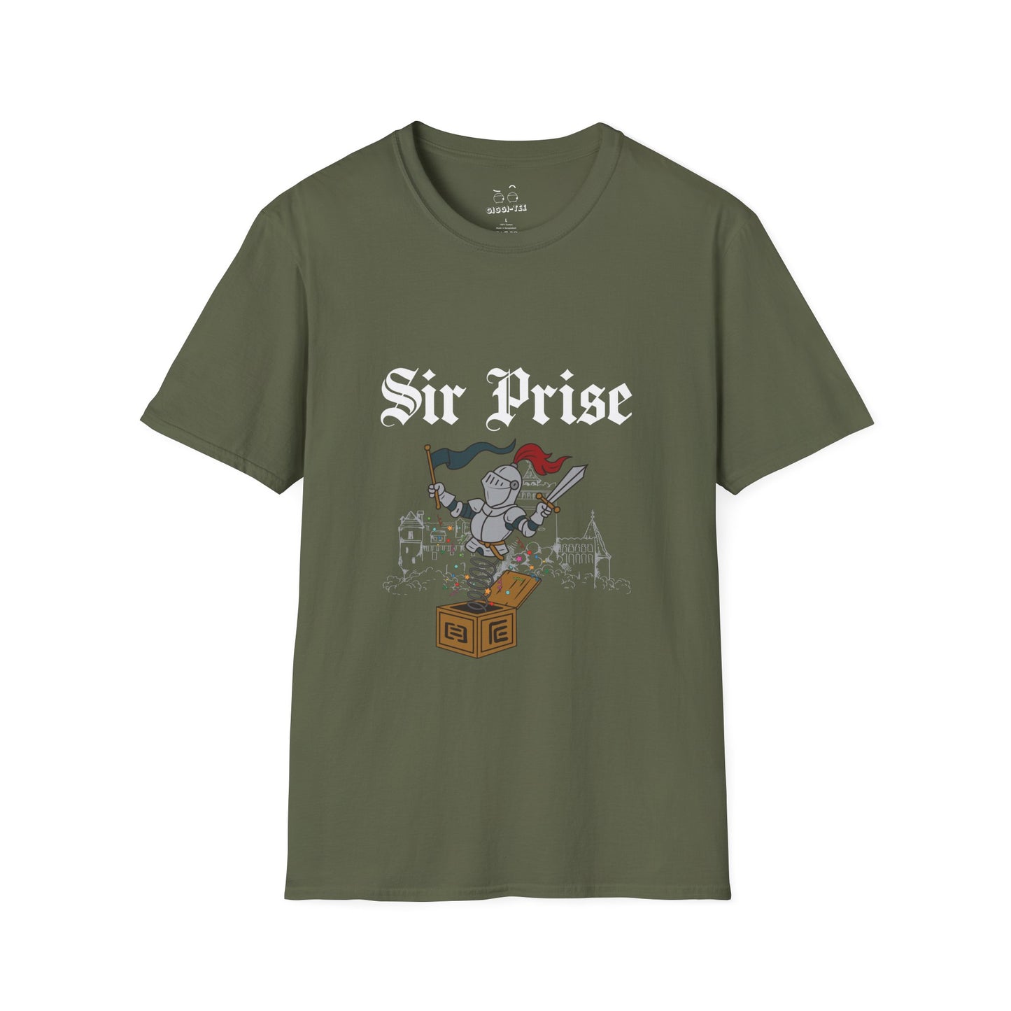 Sir Prise knight popping out of a jack-in-the-box with confetti, playful medieval surprise parody design