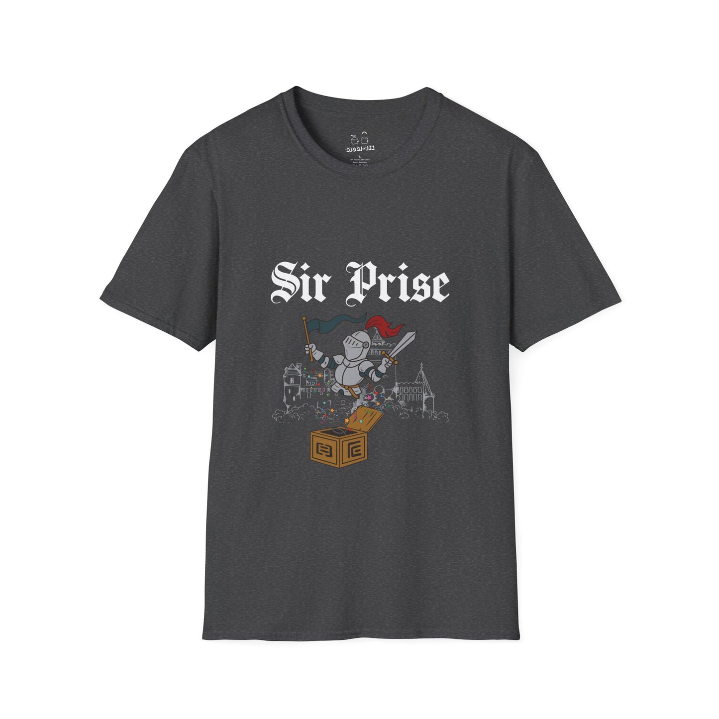 Sir Prise knight popping out of a jack-in-the-box with confetti, playful medieval surprise parody design