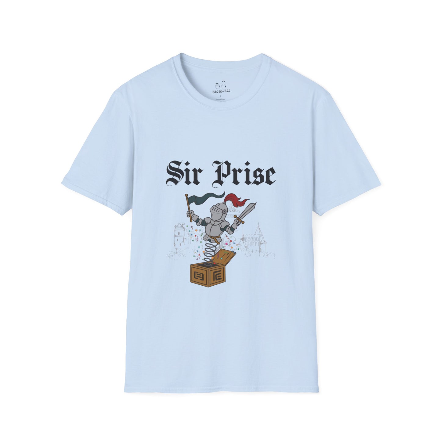 Sir Prise knight popping out of a jack-in-the-box with confetti, playful medieval surprise parody design